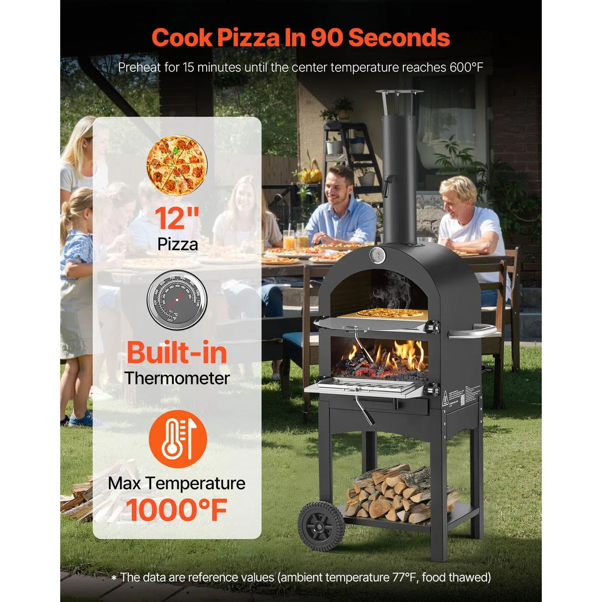 VEVOR Forno per Pizza da Esterno Portatile 12 pollici a Pellet max. 540°C con 2 Ruote Rimovibili