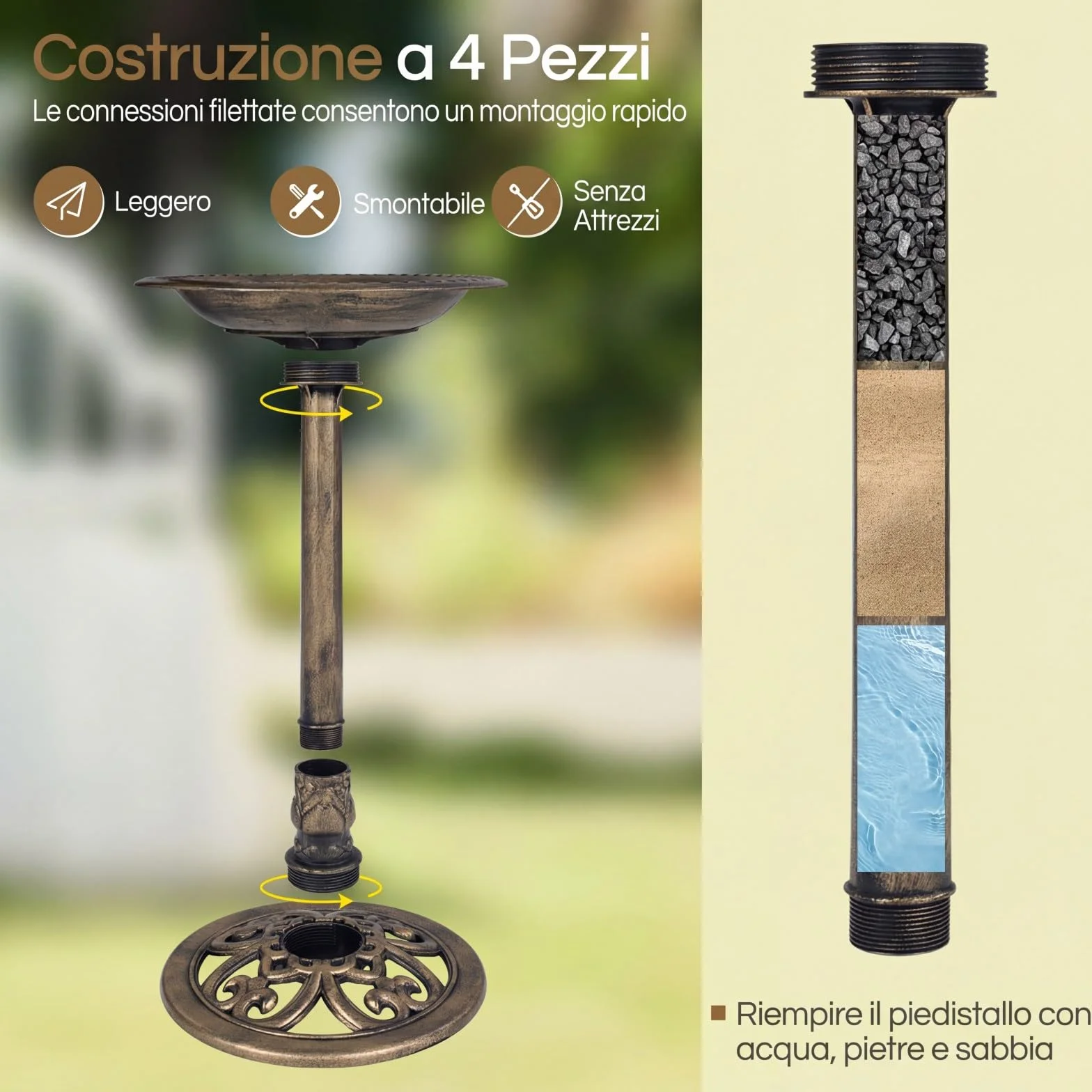 COSTWAY Mangiatoia per Uccelli da Esterno 2 in 1, Fontana con 6 Ugelli, Resistente alle Intemperie per Giardino