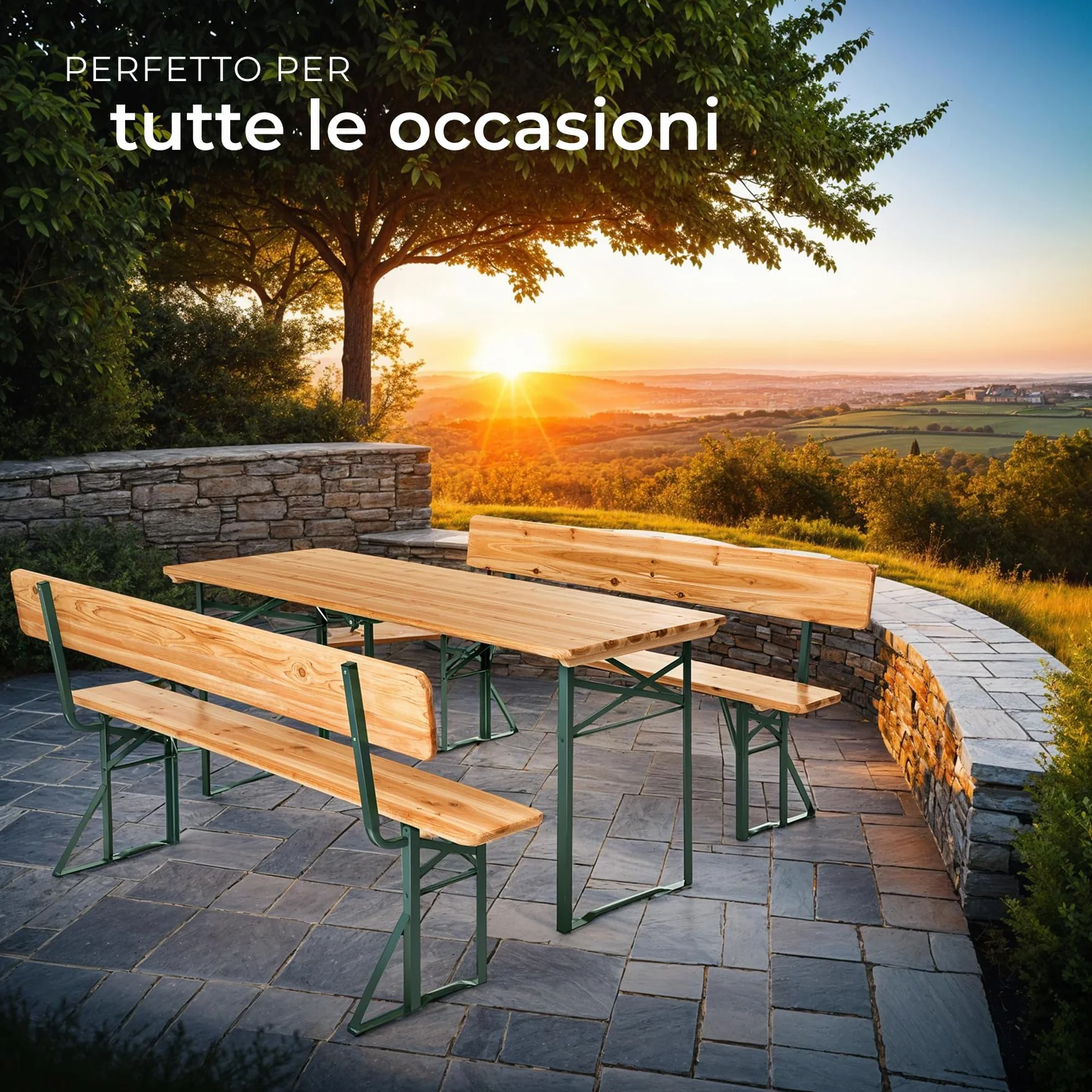 Tectake Set 3 Pezzi da Birreria, Tavolo e Panche da Esterno con Schienale, Acciaio, Tavolo 170x69x76 cm