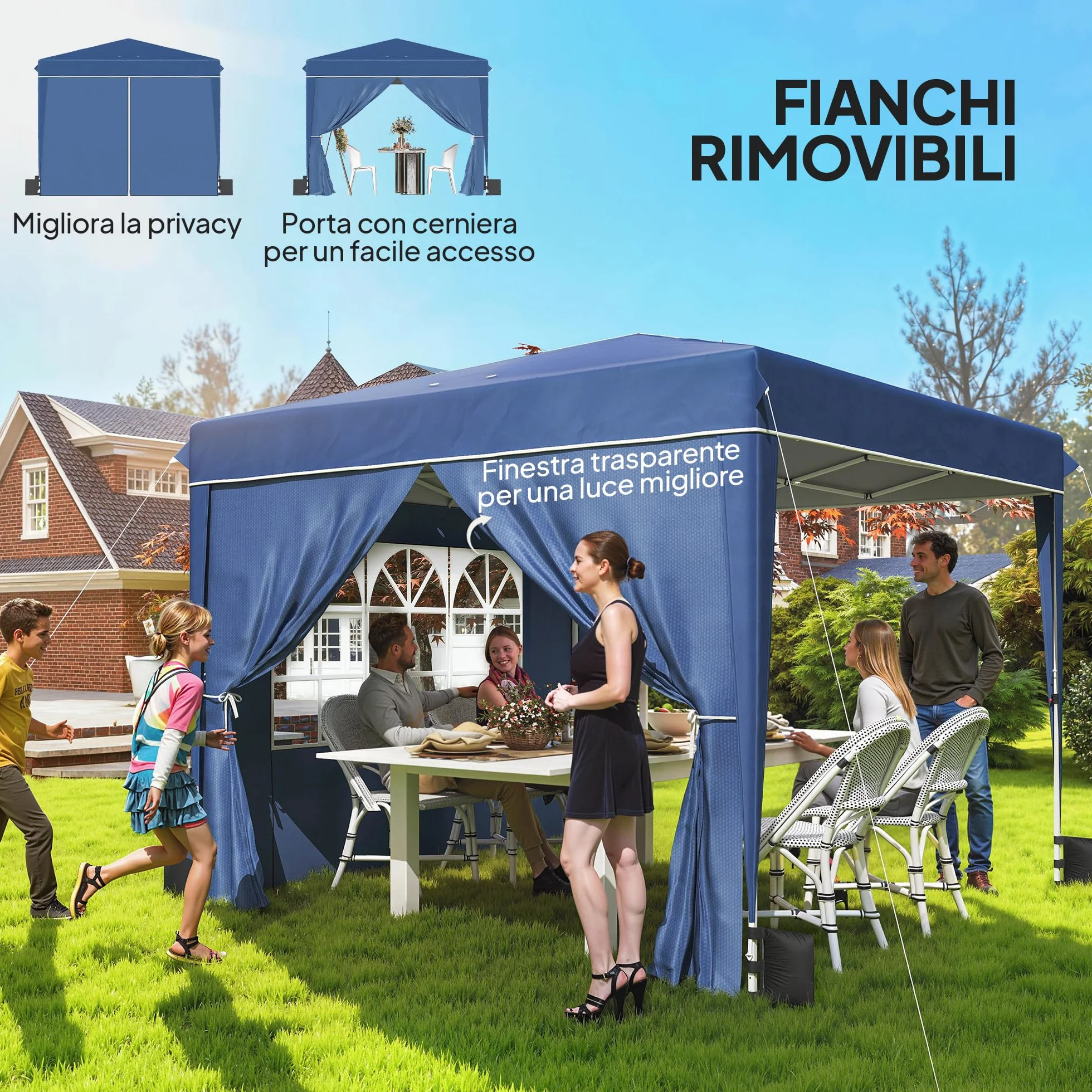 Outsunny Gazebo 3x3m Pieghevole Pop Up Altezza Regolabile, Gazebo da Giardino con Pareti Laterali, UV50+, Blu Scuro