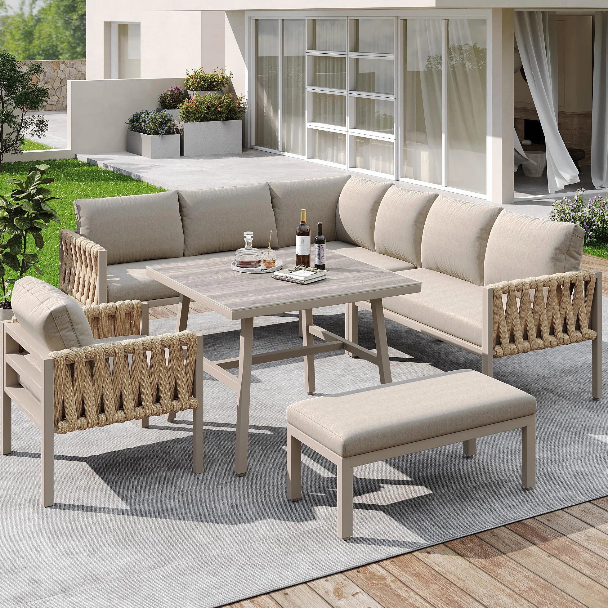 Idemon Set divano da giardino ferro zincato vetro temperato beige cuscini