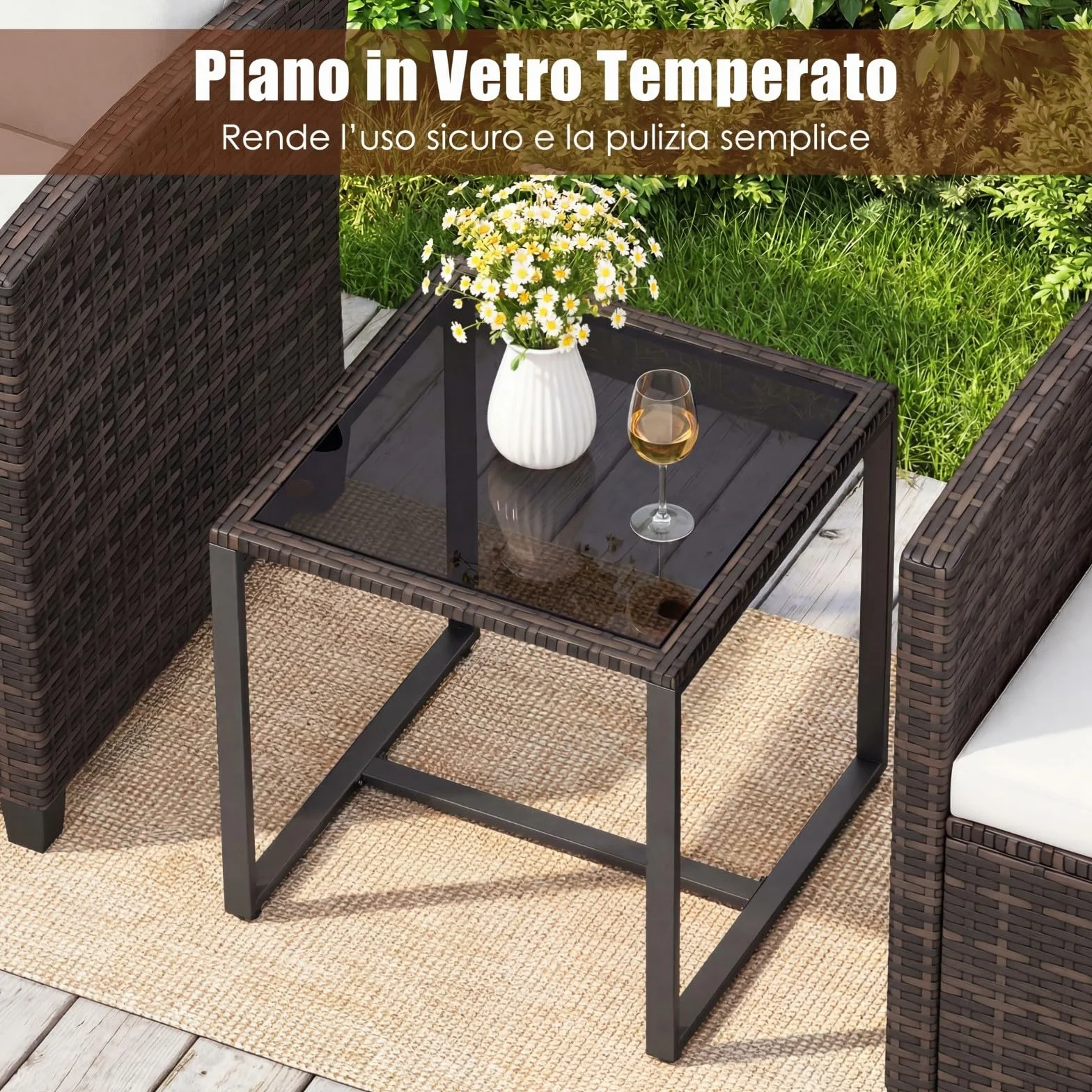 COSTWAY Set Mobili da Giardino 3 Pezzi, Salotto da Esterno in Rattan PE con Cuscini Sfoderabili, Tavolino in Vetro Temperato Beige