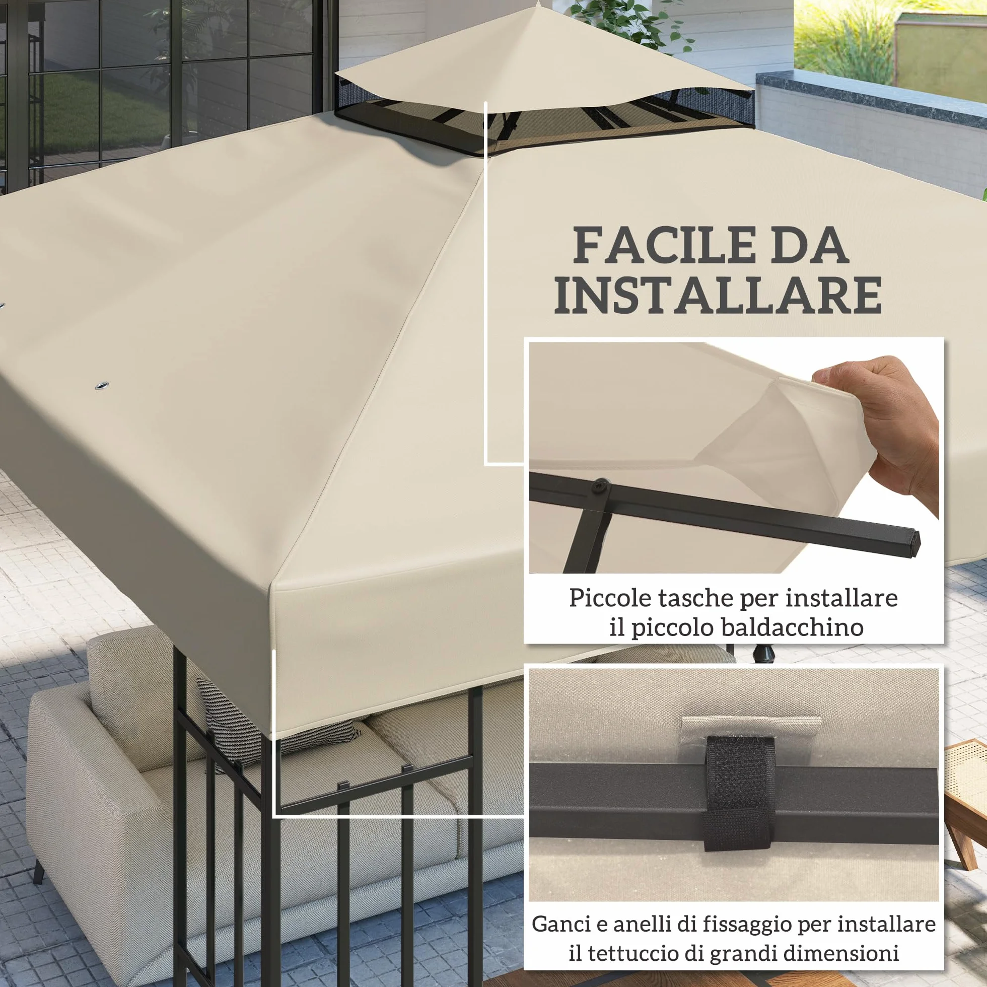 Outsunny Tetto di Ricambio per Gazebo 3x3 m 2 Livelli, Telo Copertura Resistente all'Acqua in Tessuto Oxford 370g/㎡ Anti-UV 30+ con Fori di Drenaggio, Crema