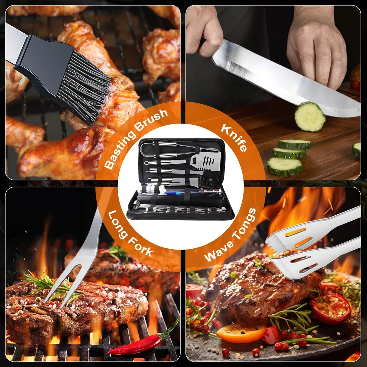 Set Barbecue 28 Pezzi Accessori in Acciaio Inox con Borsa e Guanti