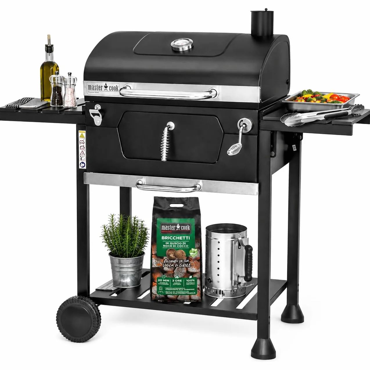 MasterCook BBQ Carbonella con Doppia Griglia Coperchio Termometro Professionale Acciaio