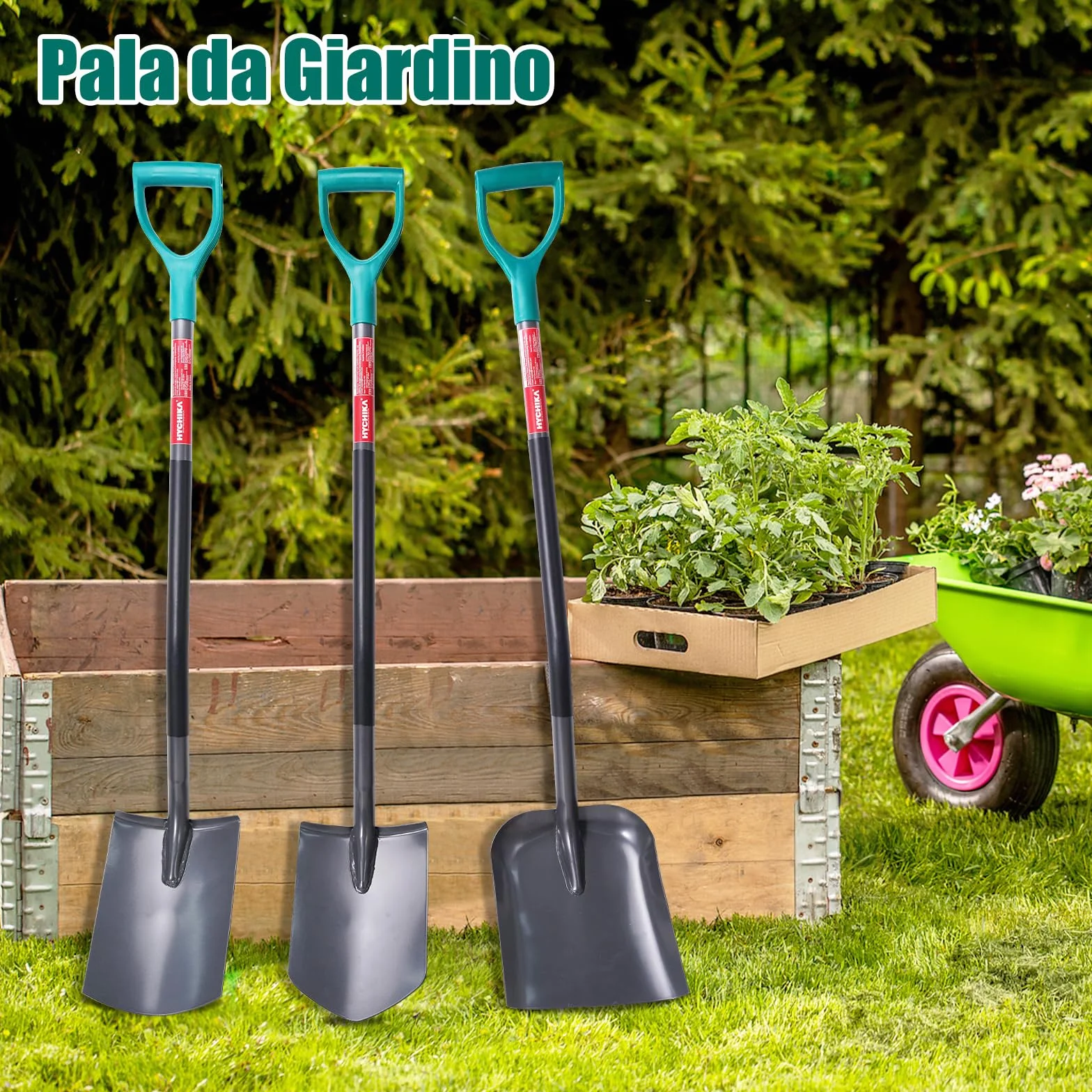 HYCHIKA Pala da Giardino Picco, Vanga da Giardinaggi, Pala da Scavo, Acciaio Temprato di Alta Qualità, Manico Ergonomico Impugnatura a D, per Piante, Agricola, Diserbo, Spalatura Neve