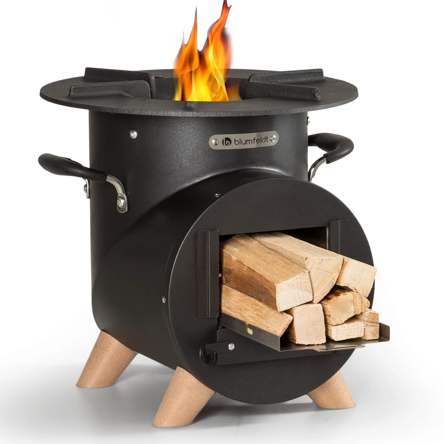 blumfeldt Braciere da Giardino Esterno, Braciere da Esterno Portatile, Braciere da Giardino con Griglia, Posacenere e Attizzatoio, Bracere Esterno Legna, Griglia Barbecue da Campeggio con Base Legno