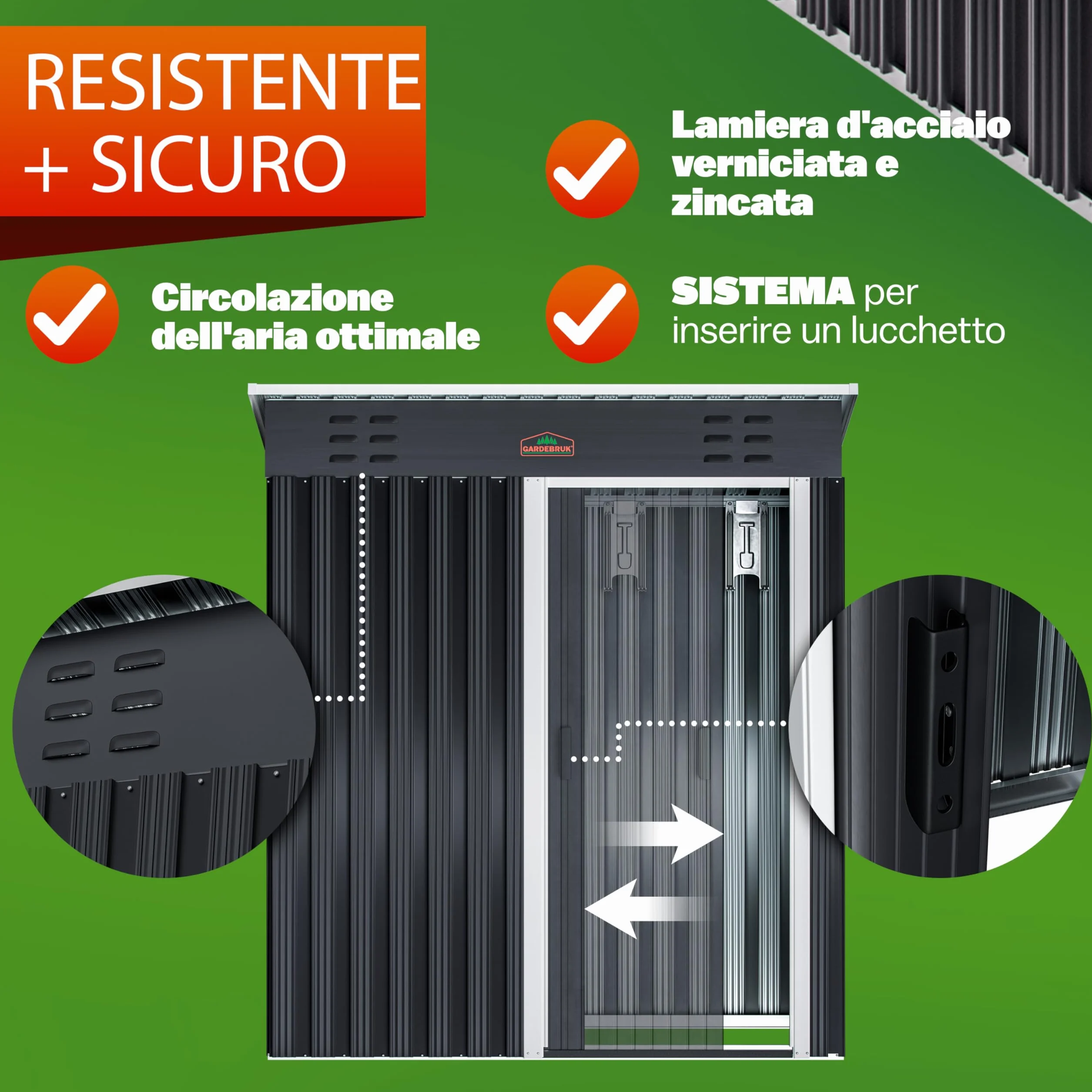 GARDEBRUK Casetta da Giardino Porta Attrezzi 185x165x90cm 1,5m² con Porta Scorrevole Armadio da Esterno in Metallo