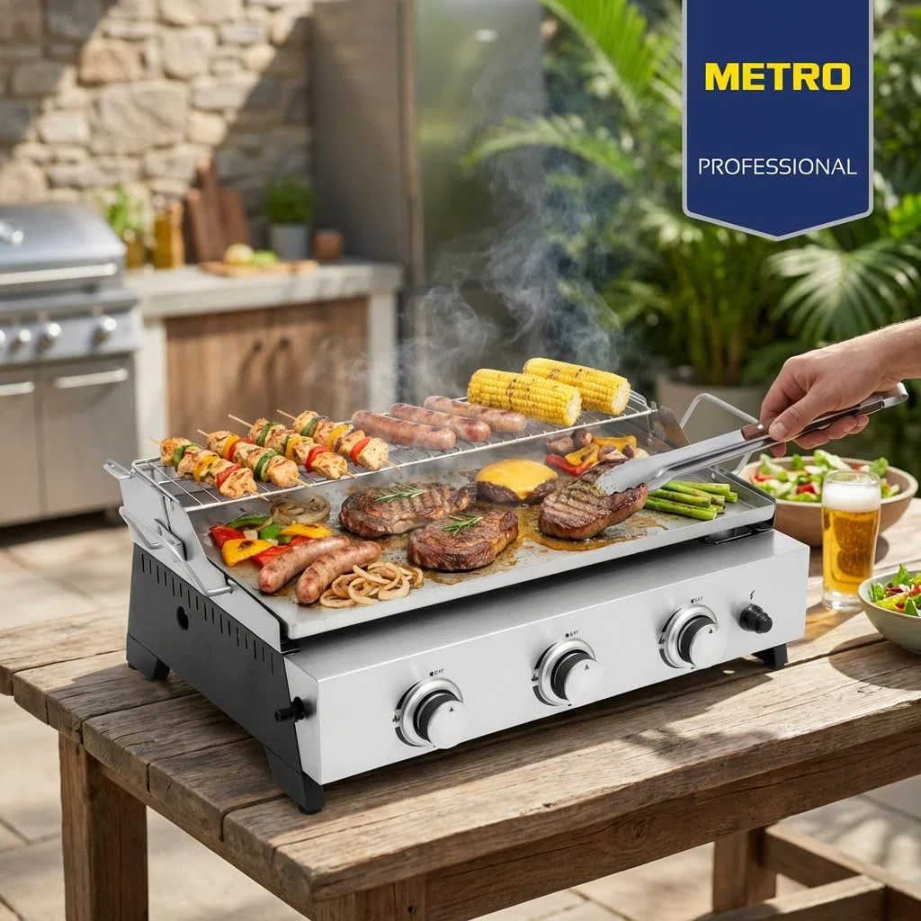 METRO PROFESSIONAL Barbecue a Gas Tornada 3 Bruciatori Piastra Acciaio Inox 61.5×32 cm 7.5 kW Argento
