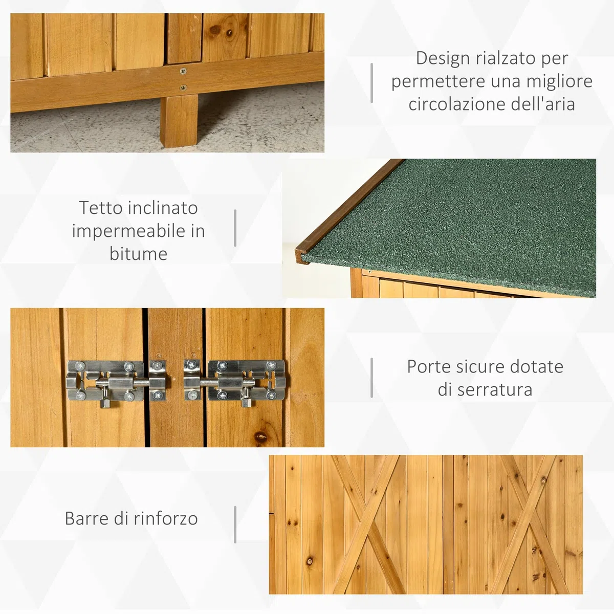 Outsunny Casetta Porta Attrezzi in Legno di Abete, Capanno da Giardino a 2 Ante con Sgabello Alto a 2 Ripiani e Tetto Idrorepellente, 140x75x157 cm