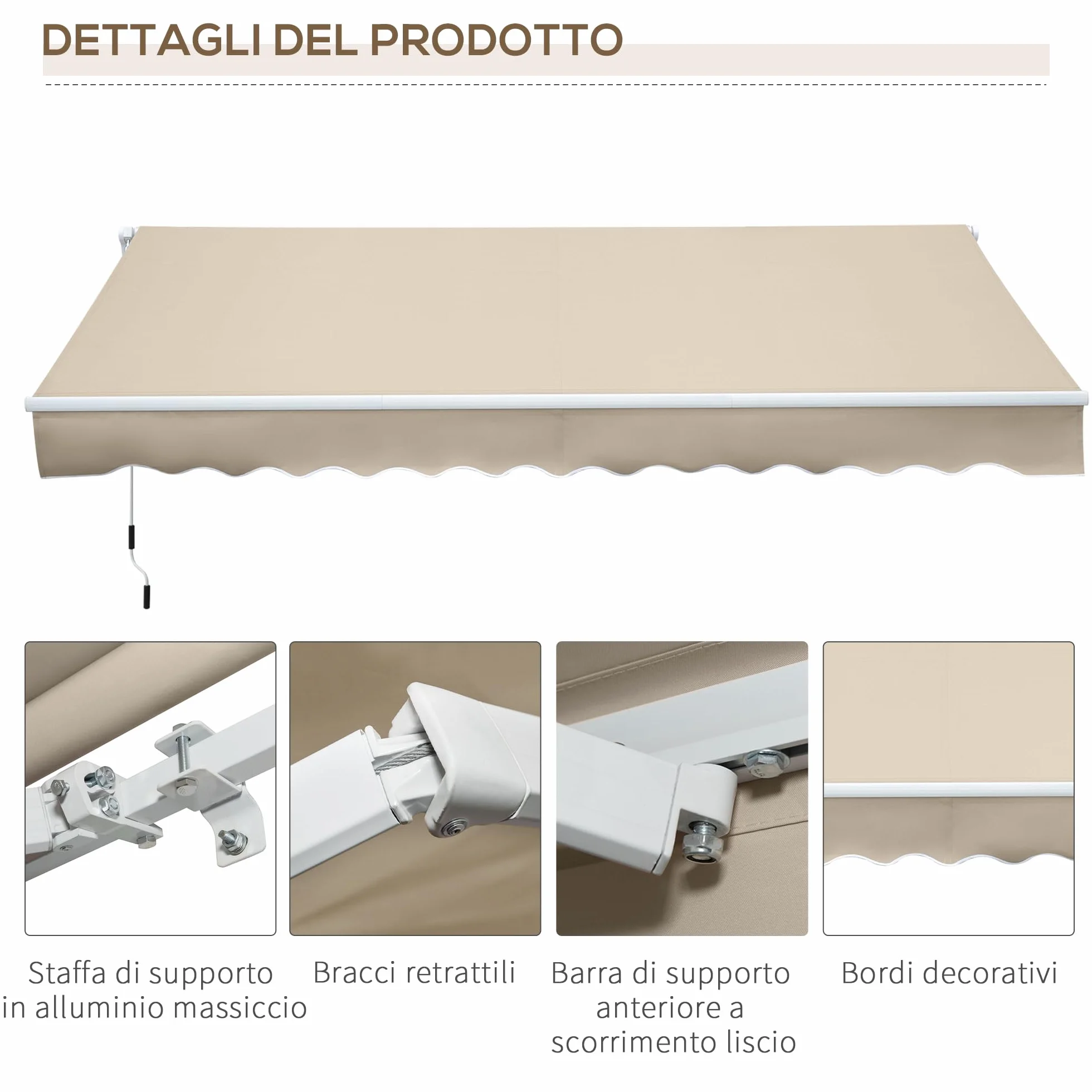 Outsunny Tenda da Sole 3.5x2.5 m Braccio Avvolgibile Manovella Alluminio Poliestere 280 g/㎡ UV30+ Crema
