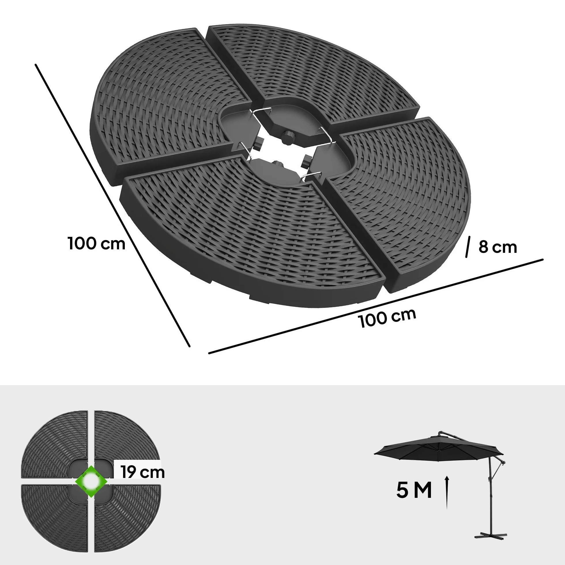 Outsunny Base per Ombrellone a Braccio da 4 Pezzi in HDPE Riempibili con Acqua e Sabbia, Ø100x8 cm, Nero