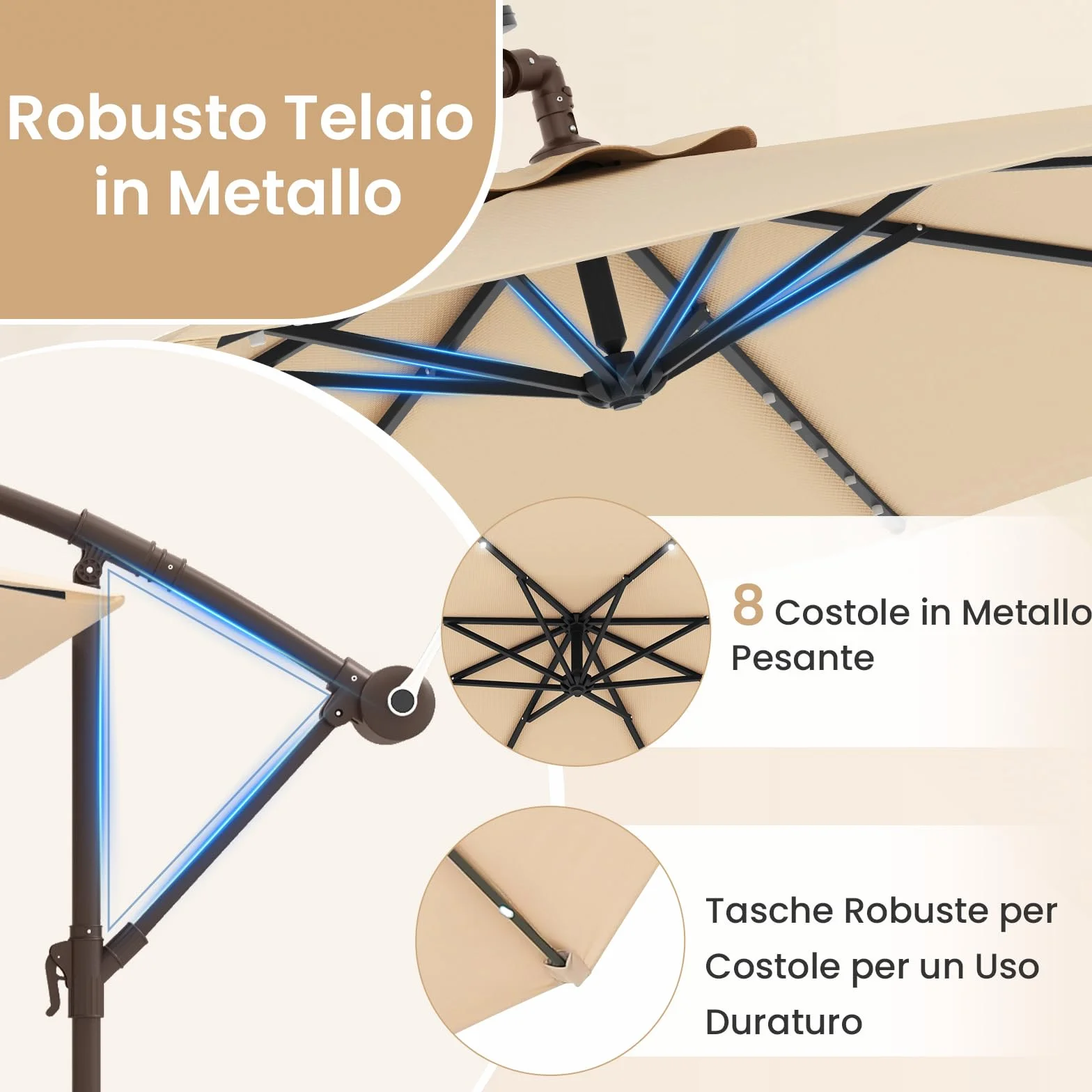 COSTWAY Ombrellone da Giardino 300 cm, Luci LED Solari, Anti-UV, Inclinazione Regolabile, Manovella, Beige