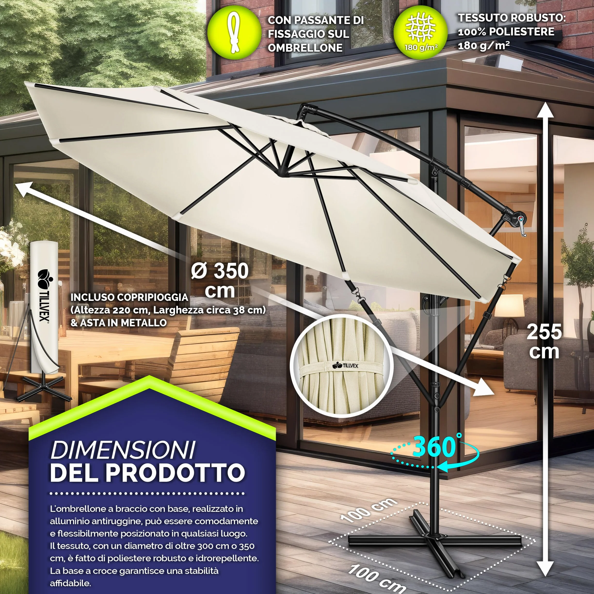 Tillvex Ombrellone da Giardino Ø 300 cm Alluminio Con Protezione UV Impermeabile Base Inclusa