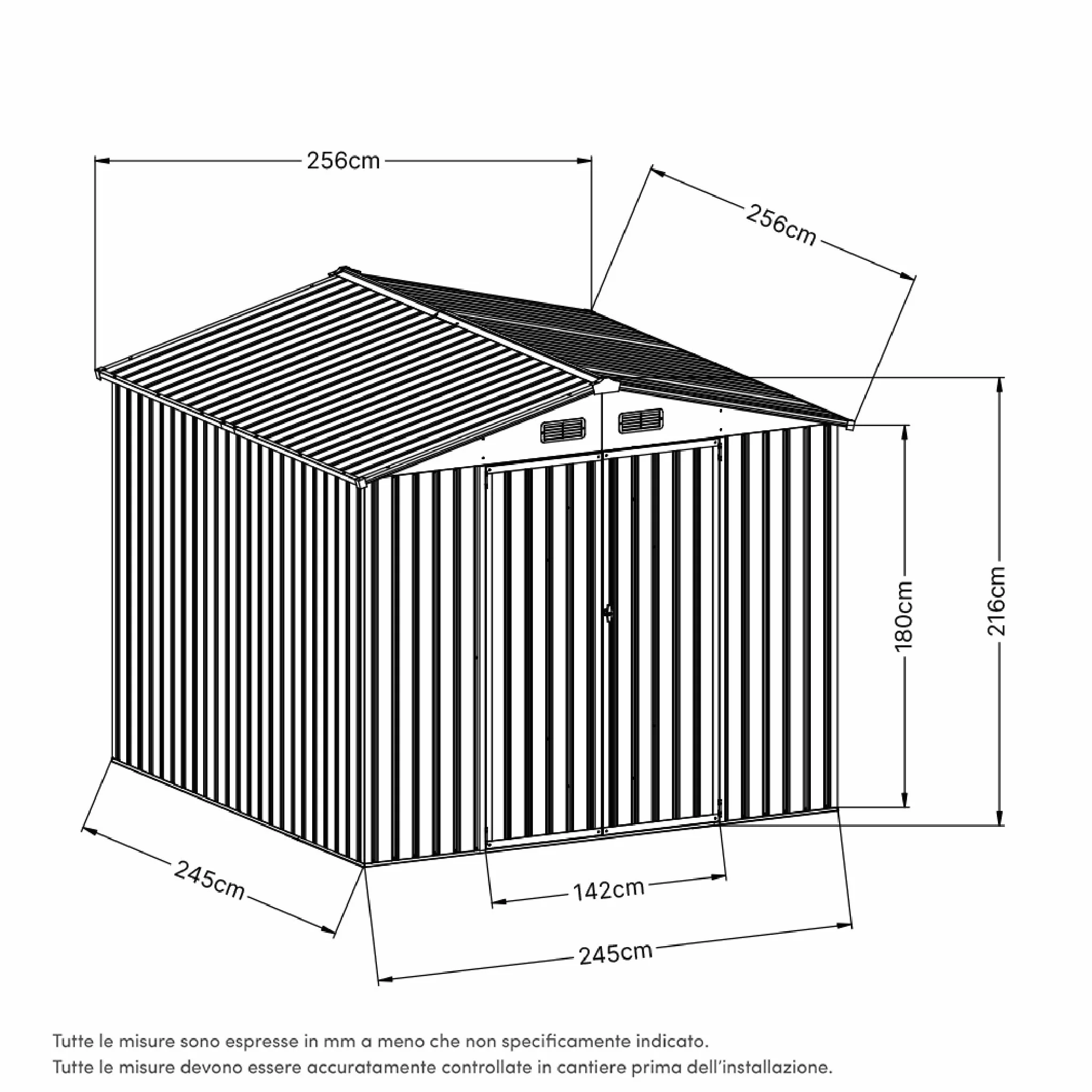Casetta Da Giardino In Acciaio Zincato 2,56x2,56xh2,16m, 6,55mq, Deposito Attrezzi con Tetto Spiovente, Porta Battente (Nero)