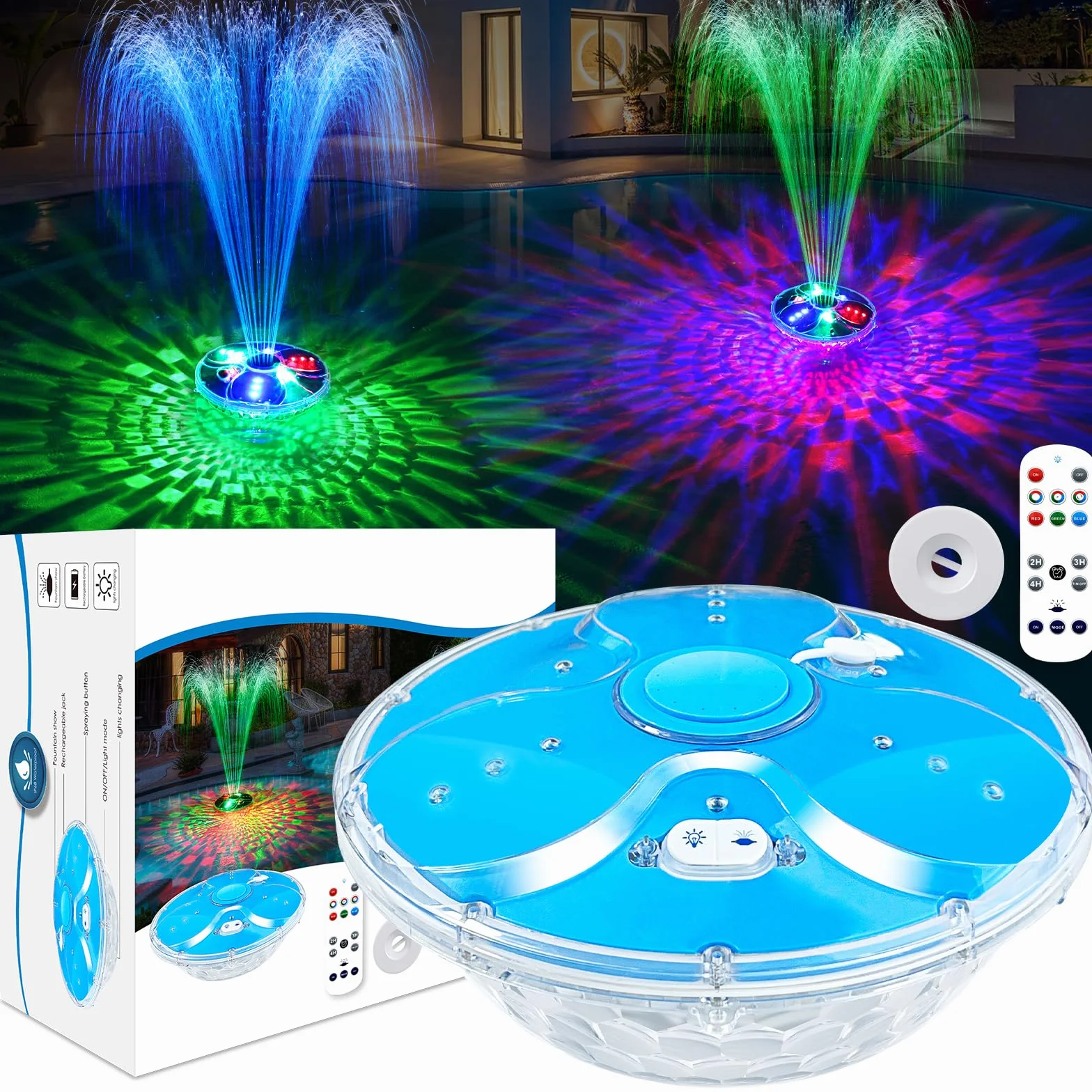 DeeprBling Fontana Galleggiante Piscina con Luci Subacquee, Fontana Piscina con Telecomando e Pulsanti, 2 Modalità di Spruzzatura e 7 Modalità di Luce LED, Fontana per Piscina con Ancora