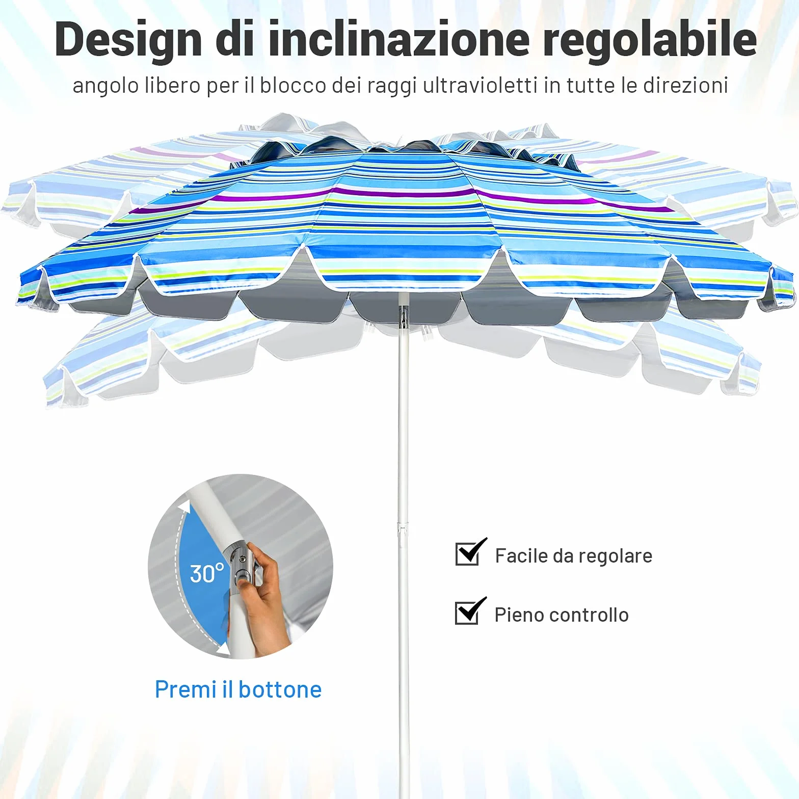 COSTWAY Ombrellone da Spiaggia 243 cm, Portabile, Inclinazione Regolabile, Filtro UV, con Borsa (Blu)