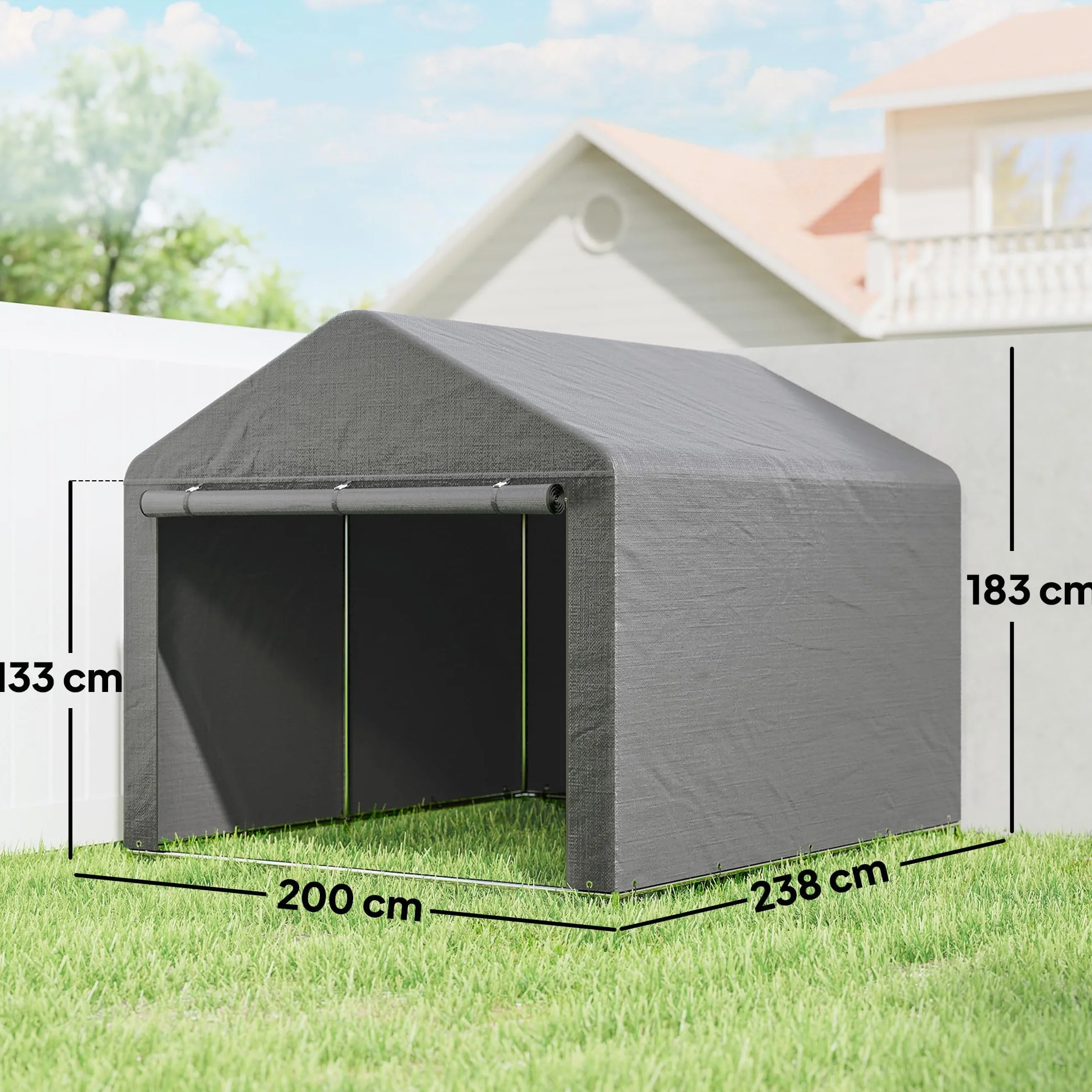 Outsunny 2x2.4 m Garage Moto per Esterno, Tenda Garage con Copertura Impermeabile, Porta Avvolgibile a Cerniera, per Biciclette e Attrezzi in Acciaio Zincato, da Giardino, Grigio Chiaro