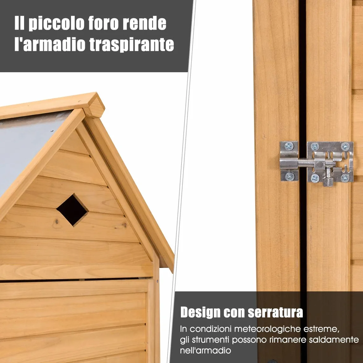 RELAX4LIFE Armadio da Esterno in Legno Massello con Tetto in Lamiera Zincata – Impermeabile e Antiruggine – 4 Ripiani Regolabili + Scomparto Alto per Attrezzi (80x45x177cm)