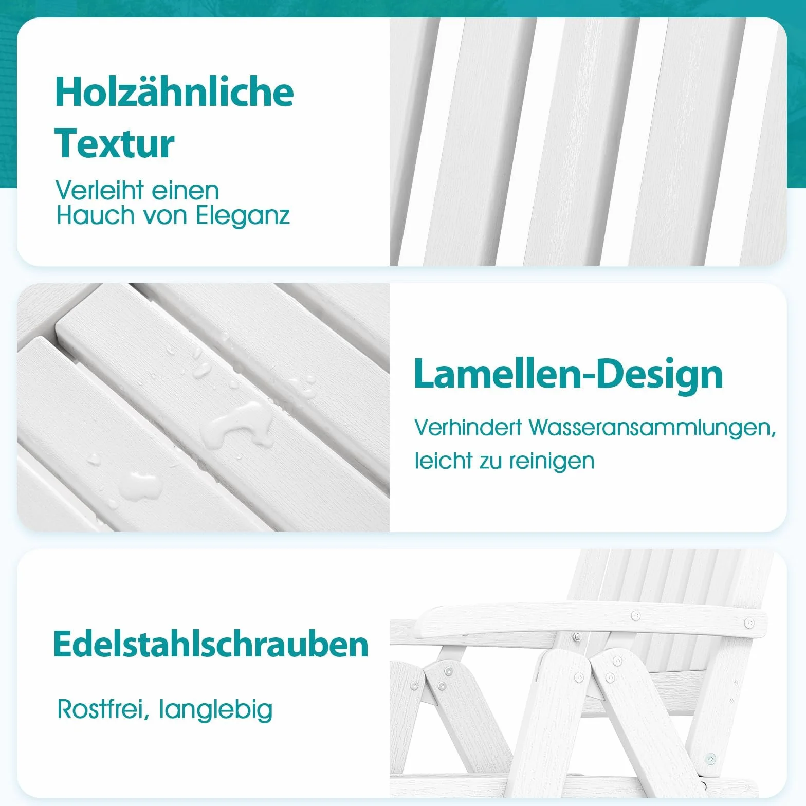 FANTASK Sedia da balcone in plastica effetto legno pieghevole 150 kg bianco