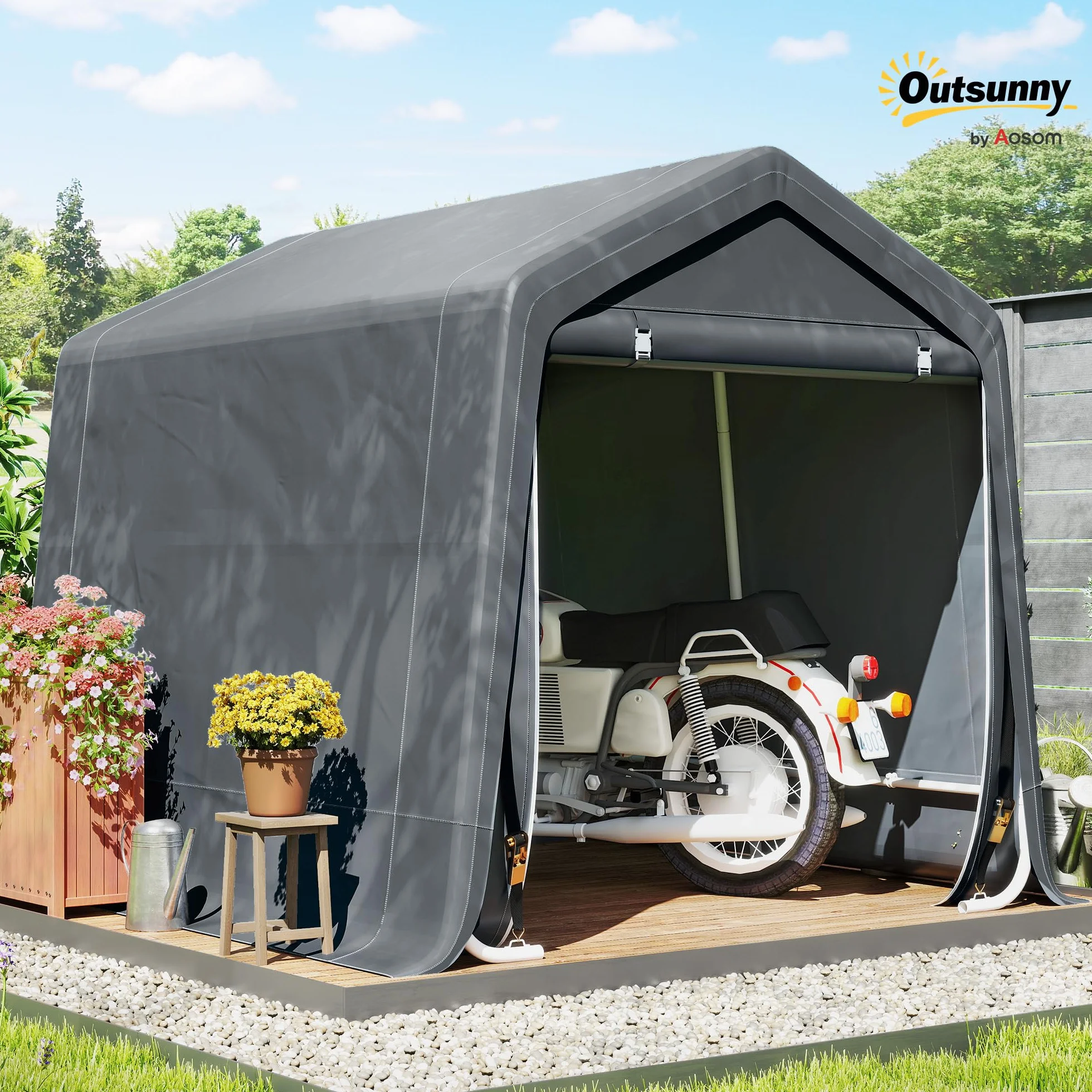 Outsunny Garage Moto per Esterno 2.4x2m, Tenda in Metallo e Tessuto PE, Grigio Scuro