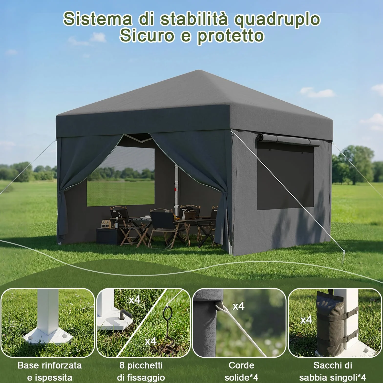 Devoko Gazebo Pieghevole 3x3 Impermeabile Stabile Invernale con Finestra a Rete Aerata, Protezione UV 50+, Tenda da Giardino Campeggio Grigio