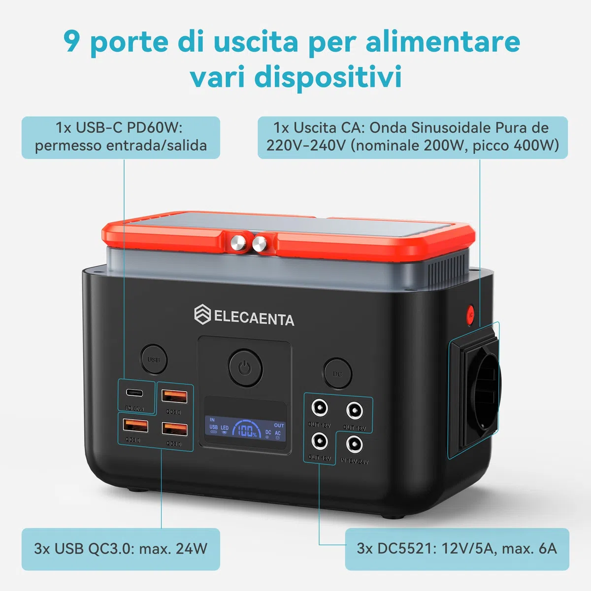 Centrale Elettrica Portatile LiFePO4 200Wh 62500mAh Generatore Solare AC 200W(400W Picco) Leggero 2KG Accumulatore di Energia Stazione di Alimentazione per Campeggio Viaggio Emergenza