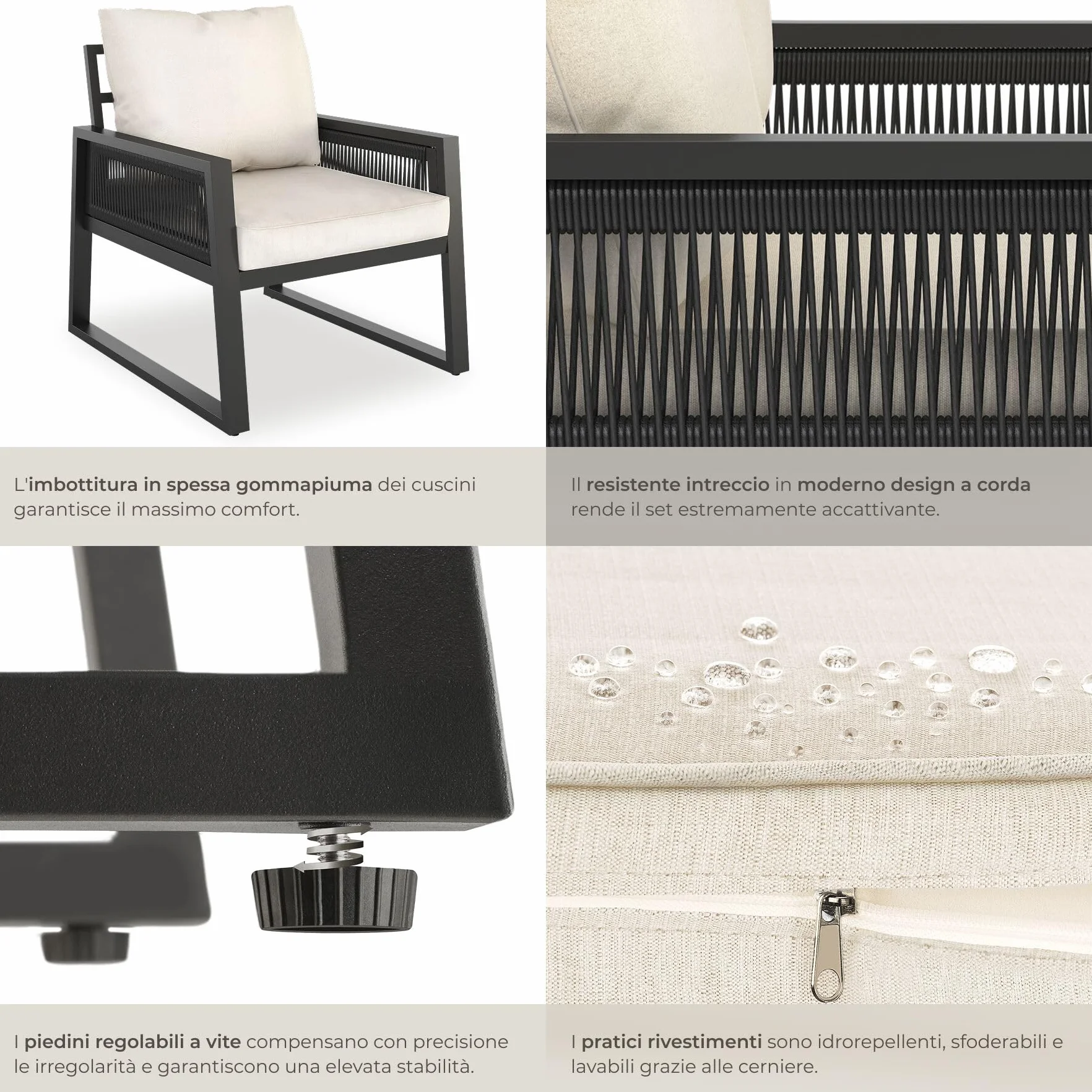 Tectake Set Salottino da Giardino 2 Posti, Telaio Alluminio Antiruggine, Cuscini Spessi, Design a Corda