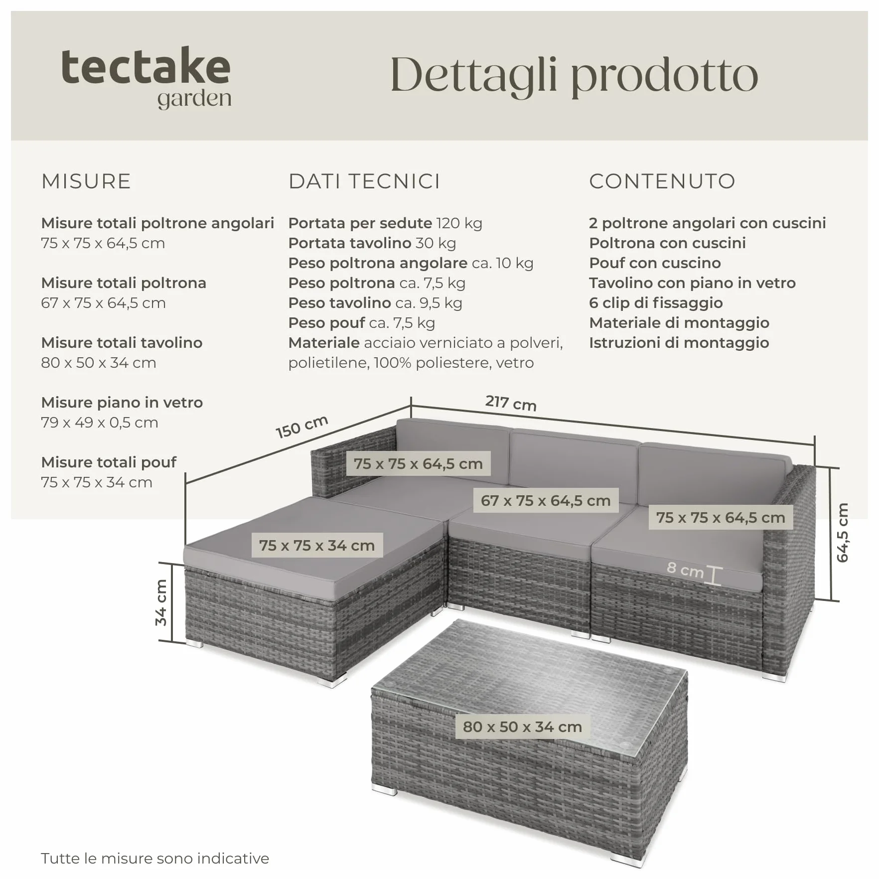Tectake Salottino in Rattan Firenze Set Giardino 3 Poltrone 1 Pouf Tavolo Cuscini 8cm Grigio