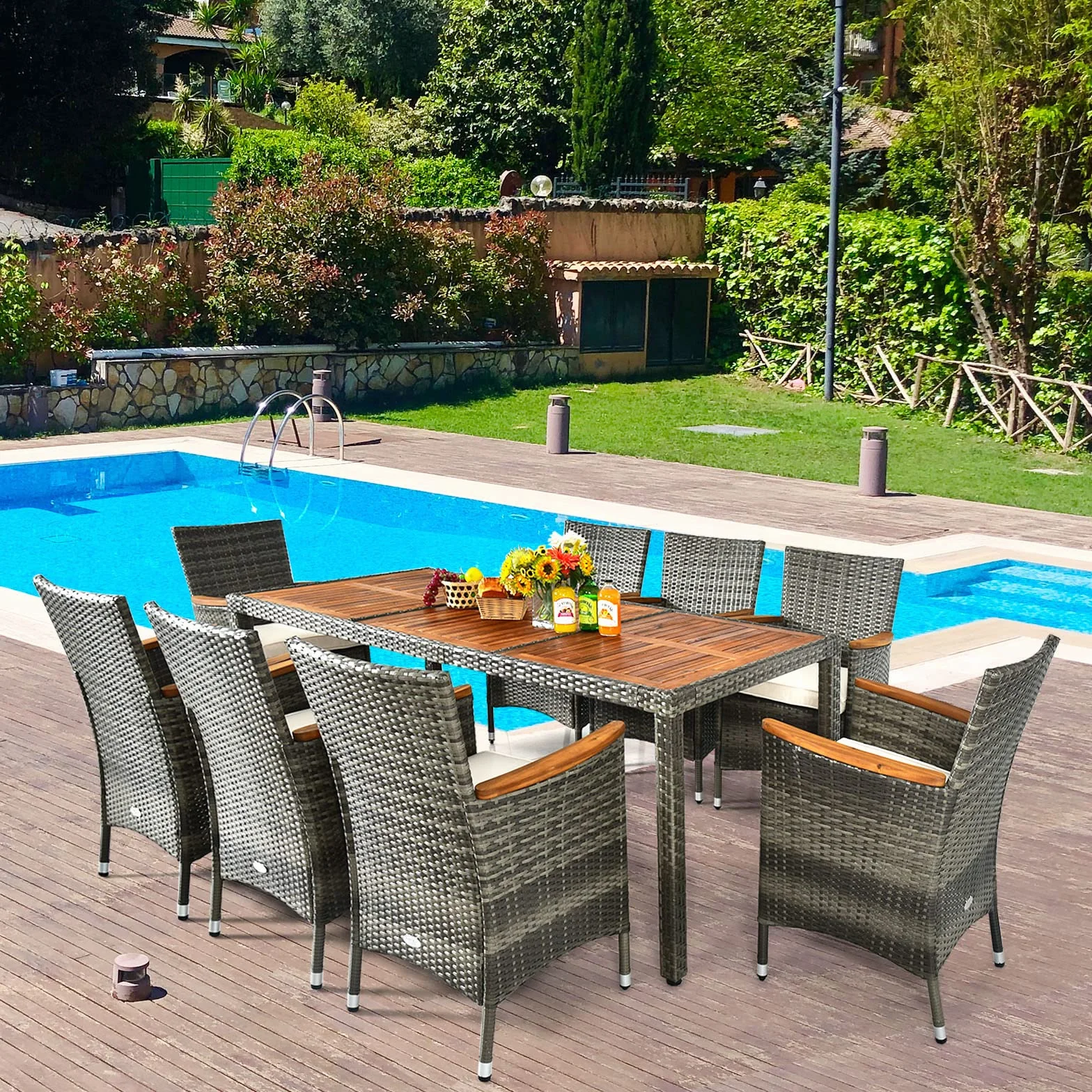 GIANTEX Set di mobili da giardino 9 pezzi, tavolo e sedie in rattan, grigio