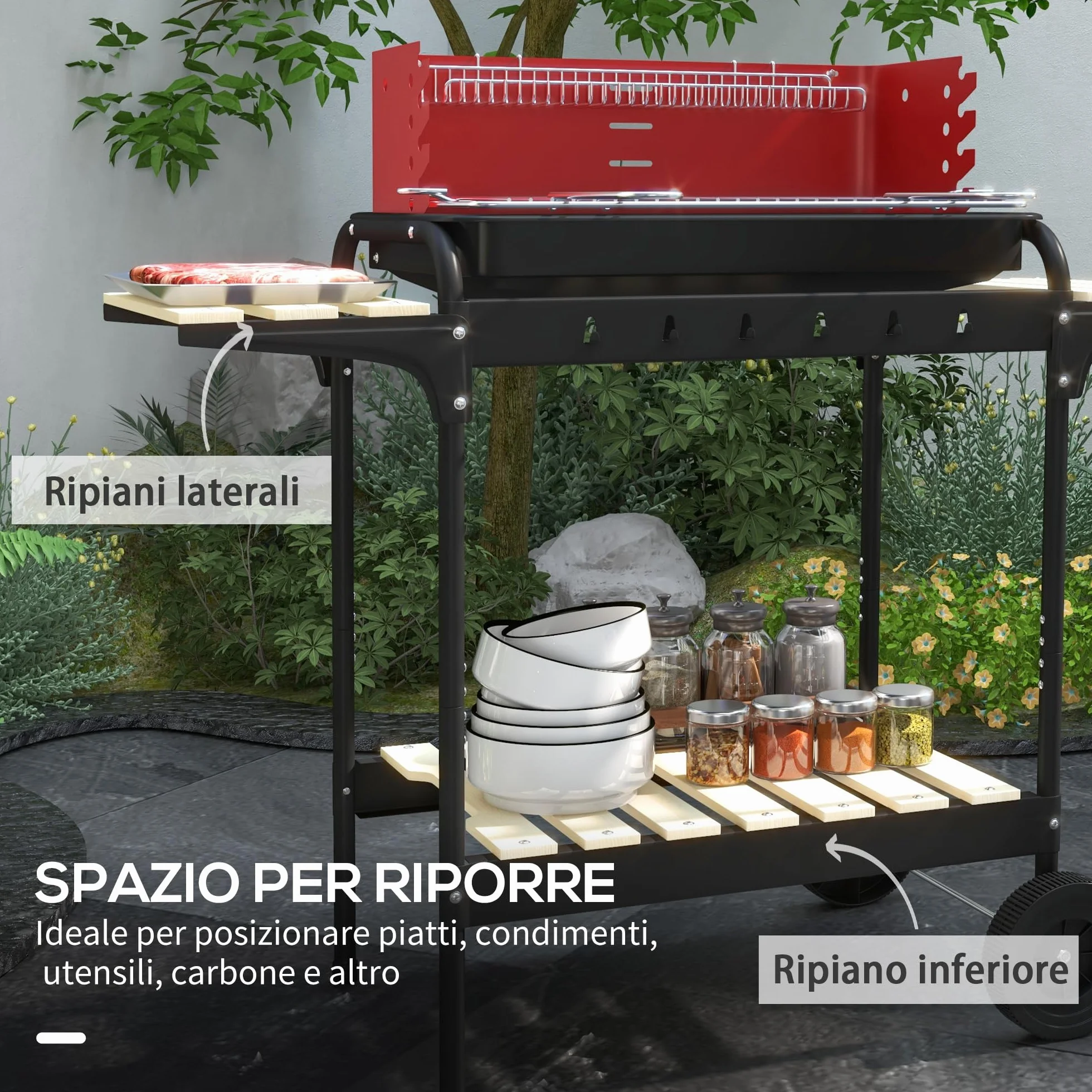 Outsunny Barbecue a Carbonella con Ruote, Griglia Regolabile, 3 Ripiani, 103x47x95 cm, Rosso