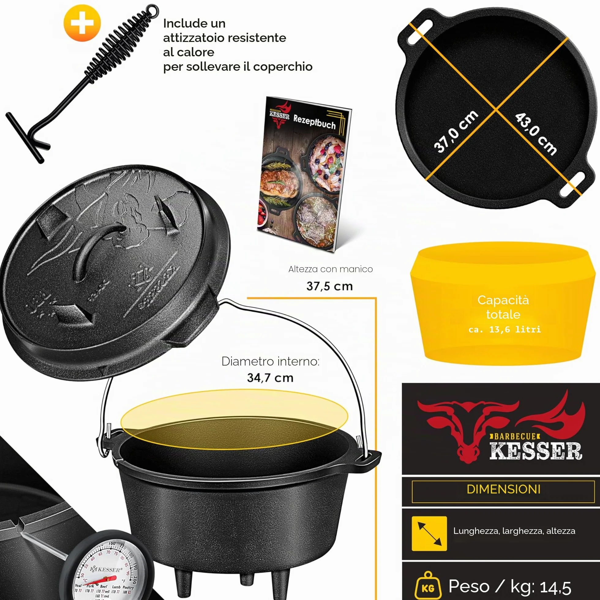 KESSER® Set forno olandese, Casseruola per barbecue, pentola in ghisa con manico per sollevare il coperchio e fessura per termometro, per barbecue, pentola per gulasch, uso esterno e interno