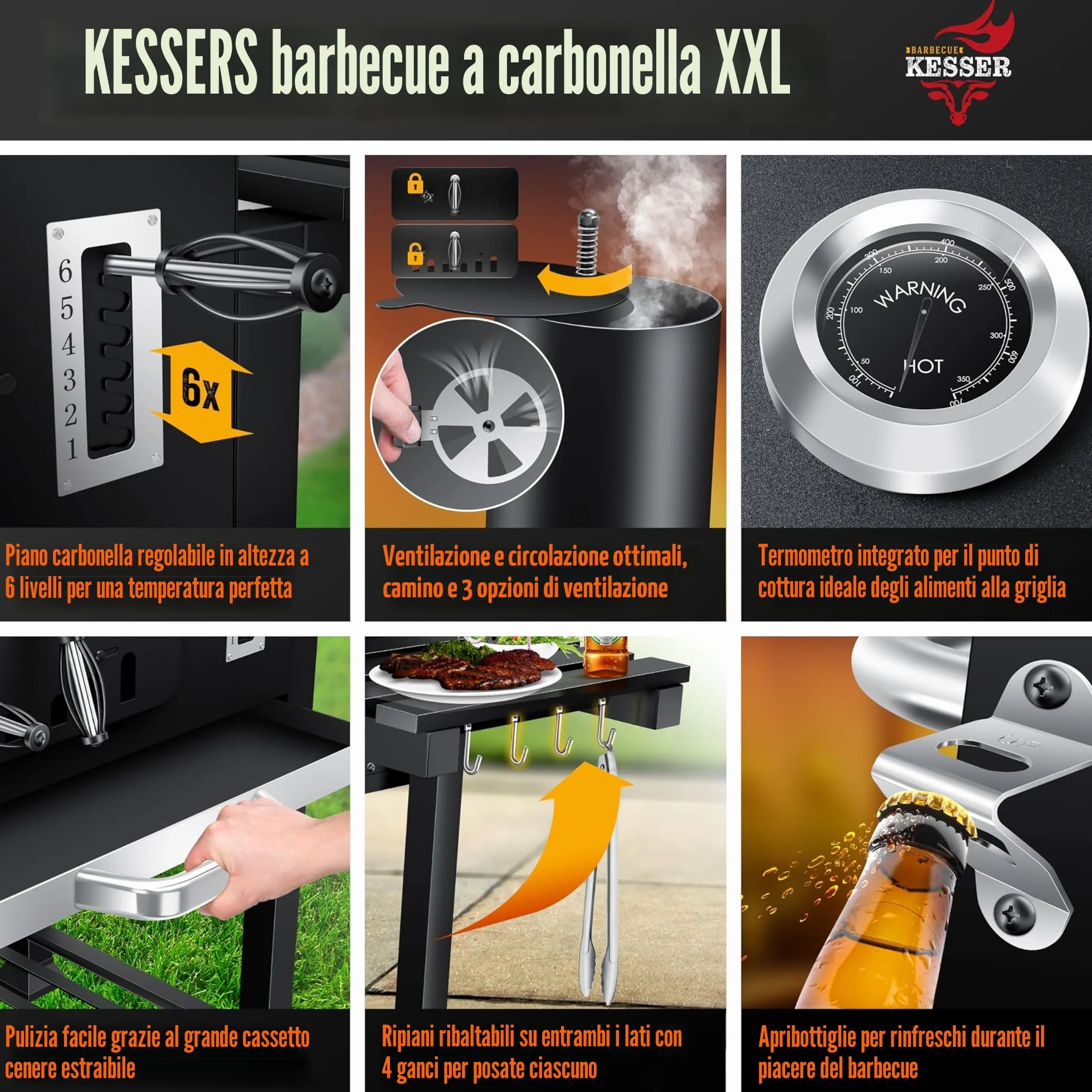 KESSER® Barbecue a carbonella XXL con Carrello, Coperchio, Acciaio Inox, Griglia e Termometro
