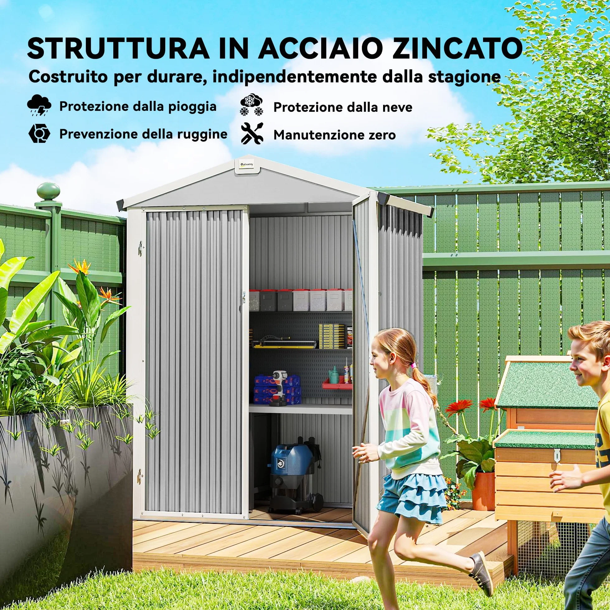 Outsunny Casetta da Giardino 1.1m² Acciaio Zincato Doppie Porte Larghe Bloccabili Tetto Inclinato 133x87x178 cm Grigio Argento