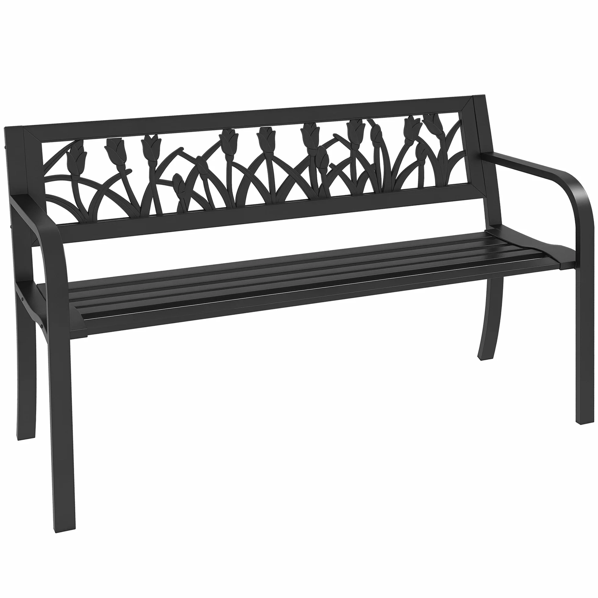 Outsunny Panchina da Esterno in Acciaio, Panchina da Giardino 2 Posti con Schienale Decorato e Braccioli, 125x50x75cm, Nero