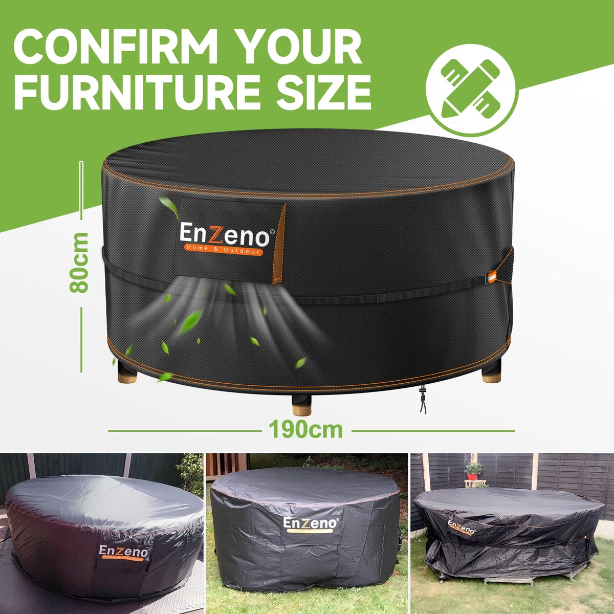 Enzeno Copertura per mobili da giardino impermeabile, rotonda per tavolo da giardino con prese d'aria, tovaglia rotonda in tessuto Oxford 420D, anti-UV, antistrappo (190x80 cm)
