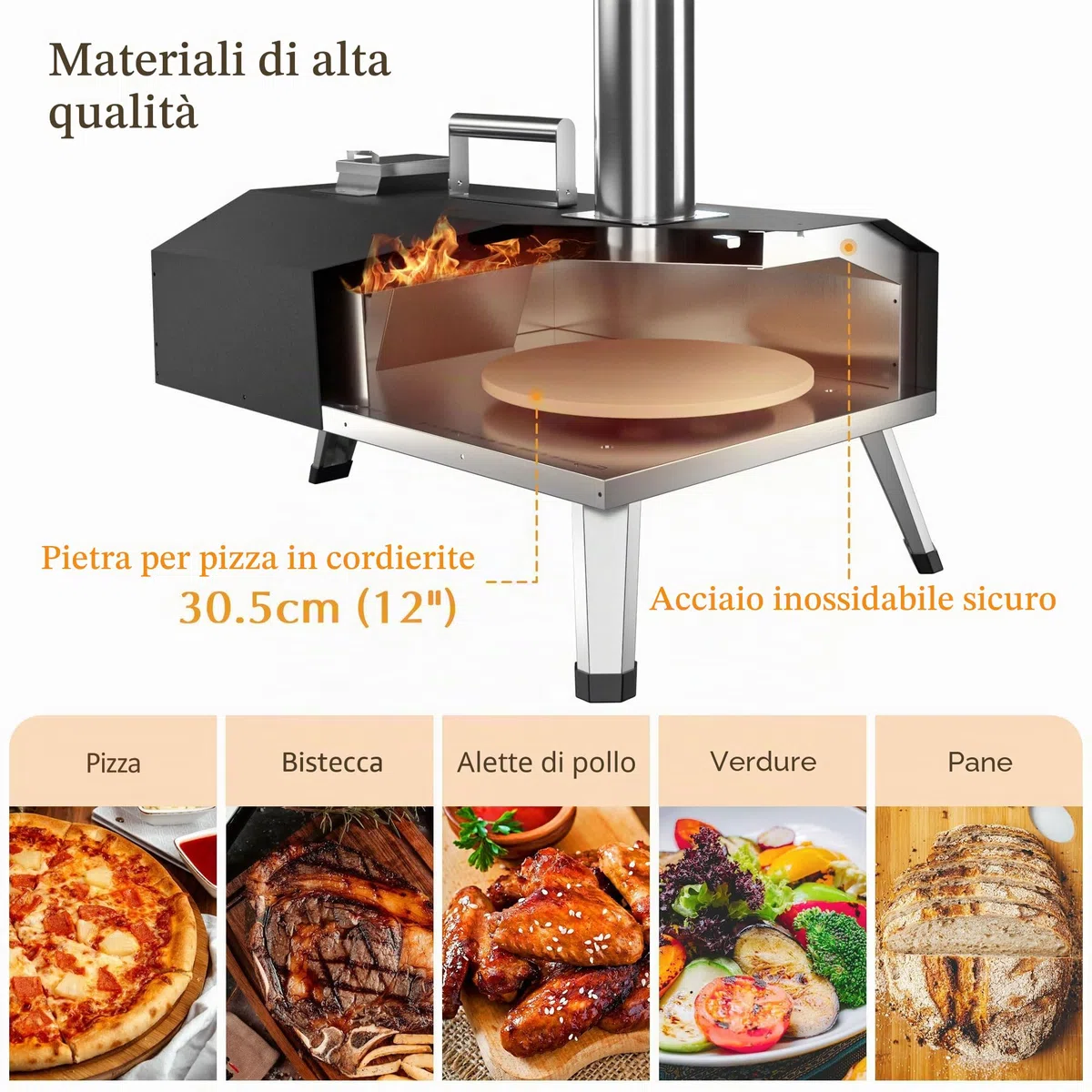 KitchenBoss Forno per Pizza da Esterno in Acciaio Inox 12'' con Pietra per Pizza a Legna
