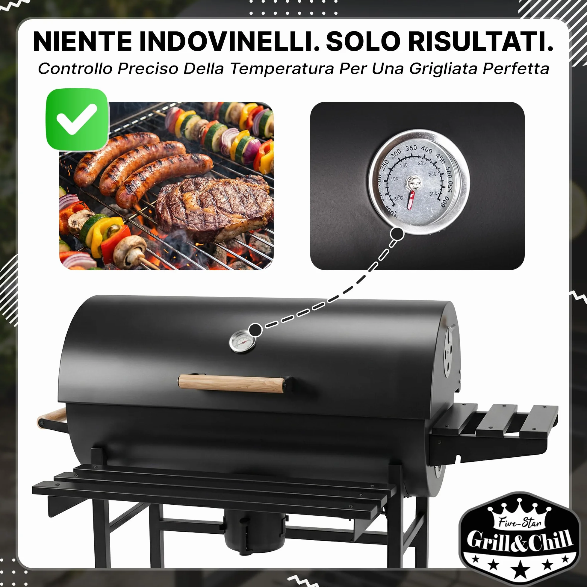 Grill & Chill Barbecue a Carbone 71×35 cm Coperchio con Termometro Acciaio Nero