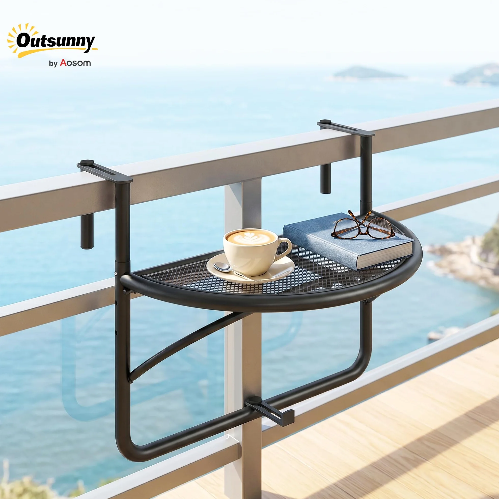Outsunny Tavolino da Appendere alla Ringhiera del Balcone Regolabile in Altezza Ferro 60 x 45 x 50 cm Nero
