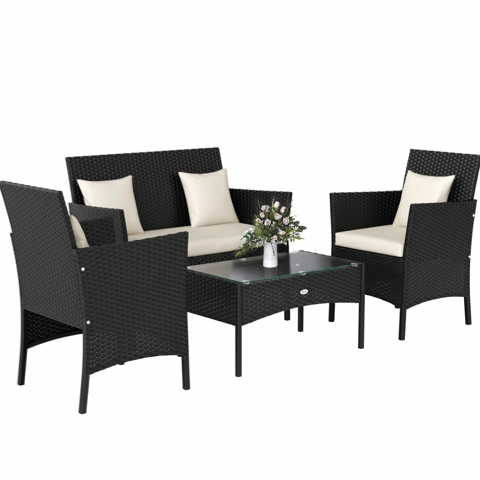 Outsunny Set da Giardino 4 Pezzi in Rattan con Sedie e Tavolino, Nero e Crema