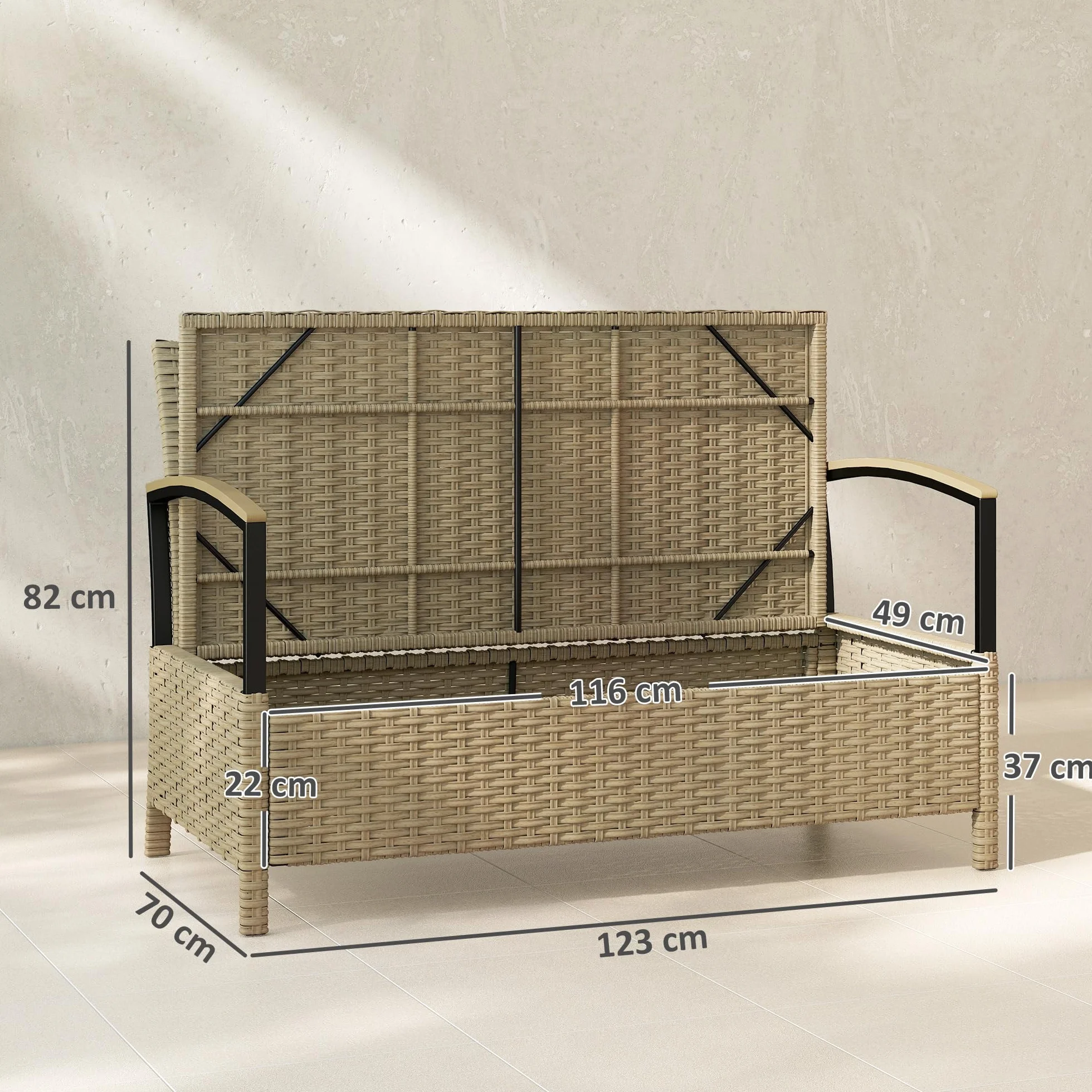 Outsunny Baule da Esterno, Panca Contenitore da Giardino 125L, Divanetto 2 Posti in Rattan PE con Cuscino Imbottito, Struttura in Metallo per Patio, Giardino e Balcone, Cachi