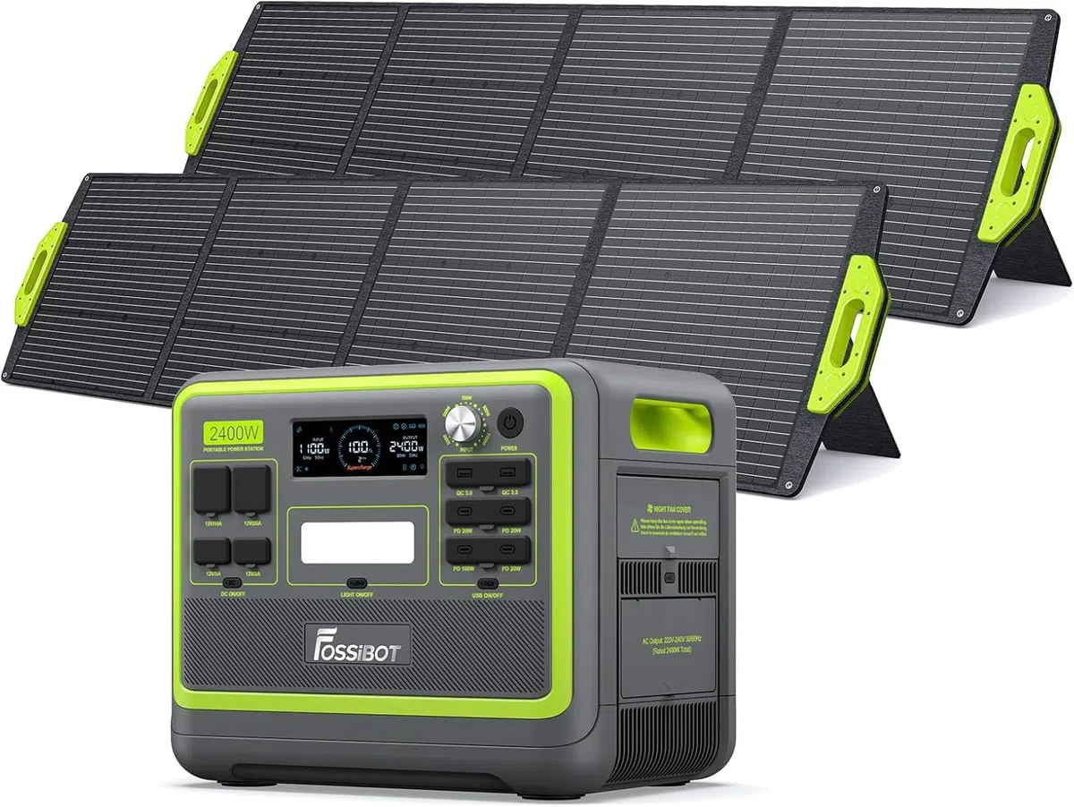 FossiBot F2400 Powerstation 2040 Wh con pannelli solari 2 × 200 W, generatore LiFePO4 con uscite AC da 2400 W (picco 4800 W), accumulatore di emergenza per campeggio