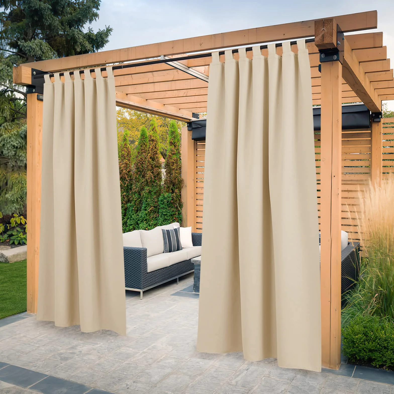 PONY DANCE Tende da Esterno Impermeabile da Sole per Balconi 2 Pezzi L 132 x A 243 cm Tenda Termica con Passanti Adesivi per Veranda Curtains Oscuranti per Gazebo, Beige