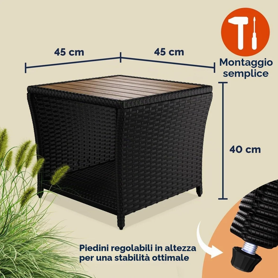 Casaria Tavolino da Esterno in Legno Polyrattan Acacia 45x45x40cm Carico Max 80kg