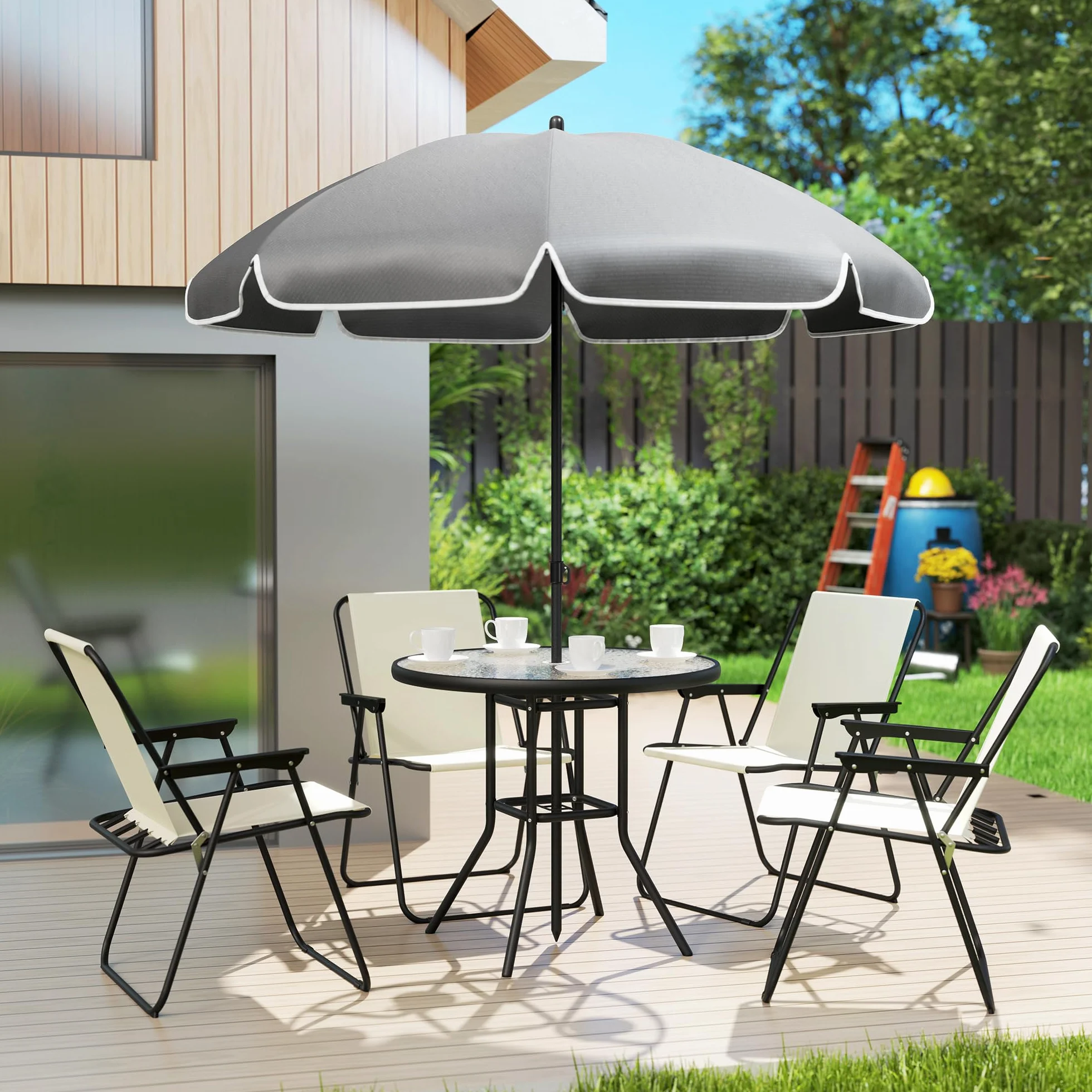 Outsunny Set Tavolo e Sedie da Giardino 6 Pezzi Acciaio Ombrellone, Mobili 4 Sedie Pieghevoli Textilene Tavolo Rotondo Vetro, Esterno Patio Terrazzo Crema