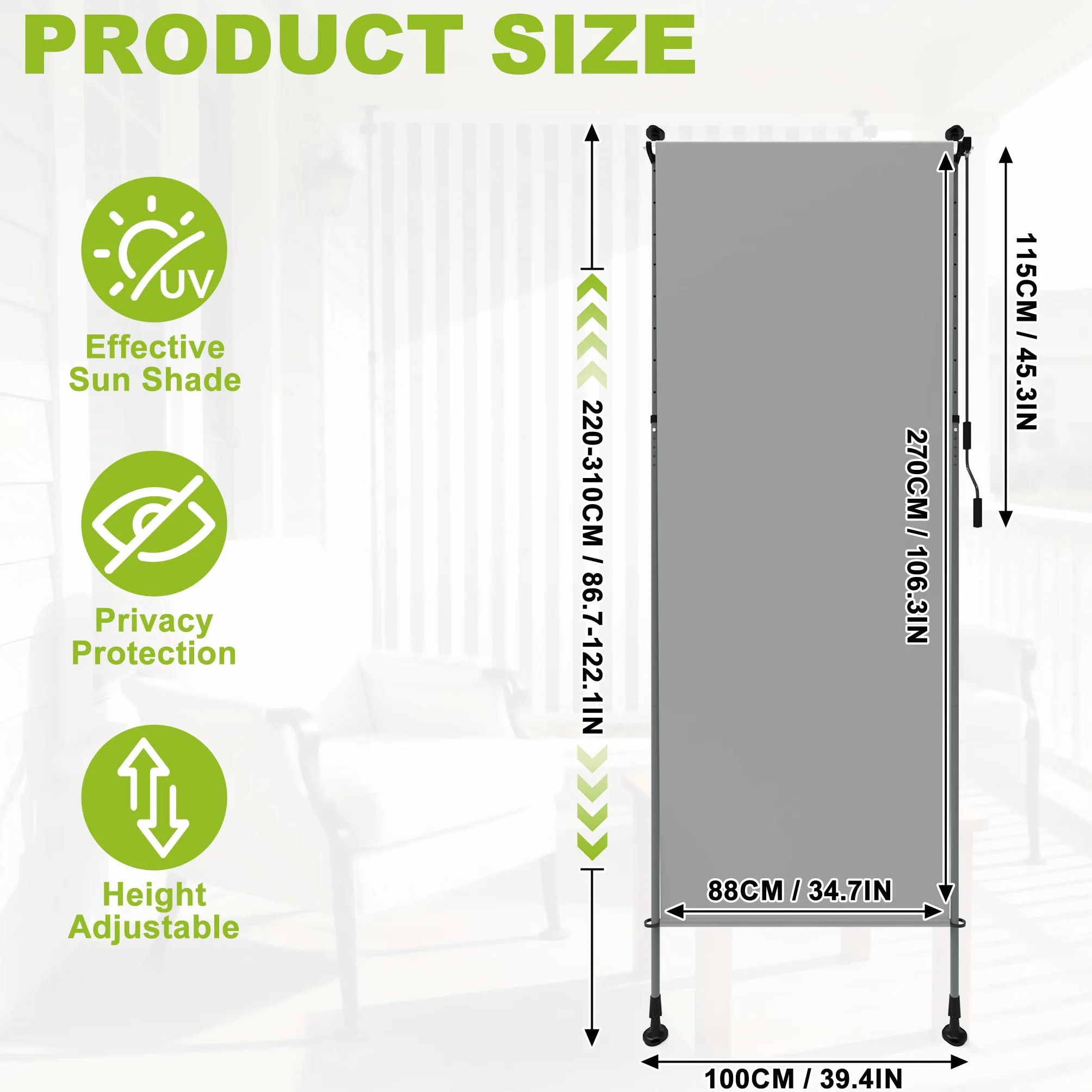 Tenda da sole verticale con manovella senza foratura 100 x 310 cm impermeabile allungabile oscurante grigio chiaro