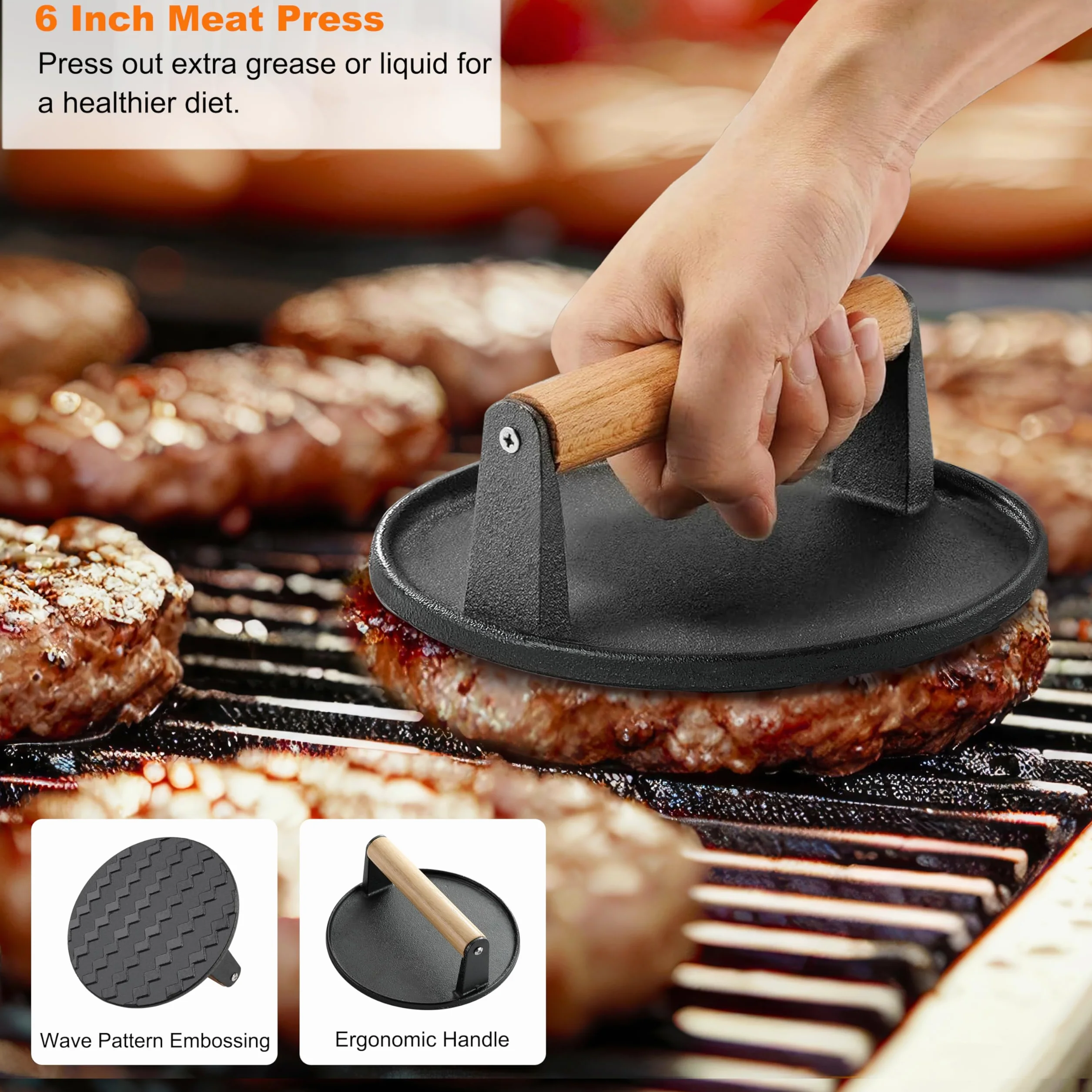 Grilljoy Set Barbecue Professionale in Acciaio Inox, Utensili per Griglia, Spatola per Piastre, Kit Smash Burger con Pressa per Hamburger in Ghisa, 28 Pezzi Accessori BBQ per Uomo