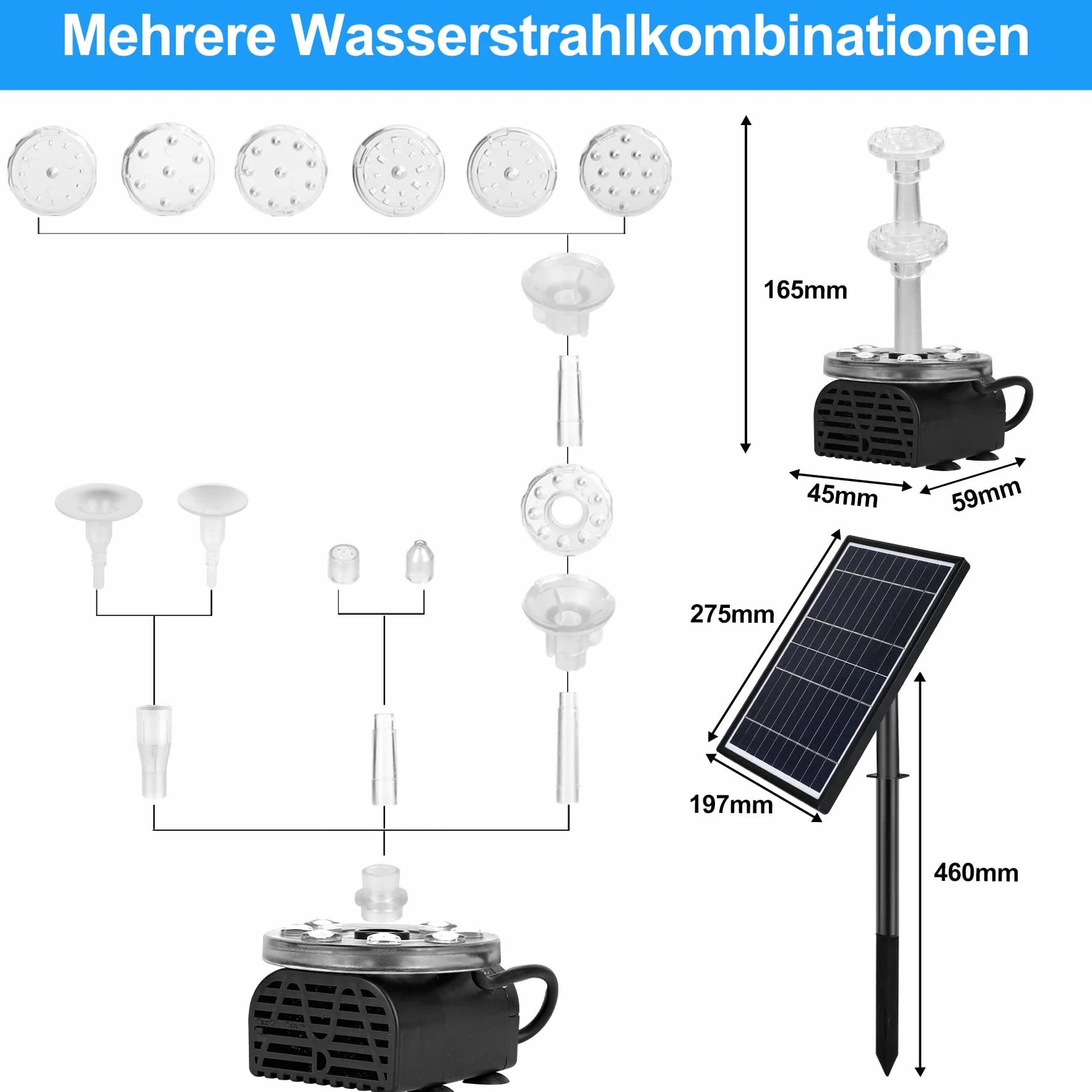 Pompa Solare per Laghetto 7 W, Fontana a LED per Giardino, Piscina, Decorazione dell'Acqua - Altezza 85 cm