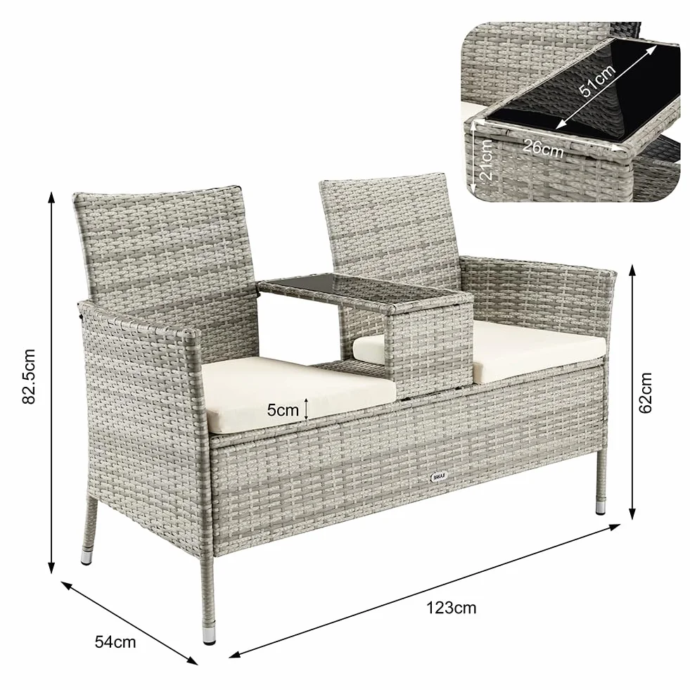 BAKAJI Panchina da Giardino in Polyrattan con Tavolo Integrato e Cuscini, Panchina 2 Posti da Esterno Resistente Ai Raggi UV e alle Intemperie, Panca Divano Ripiano Vetro 123 x 54 x 82.5 cm (Grigio)