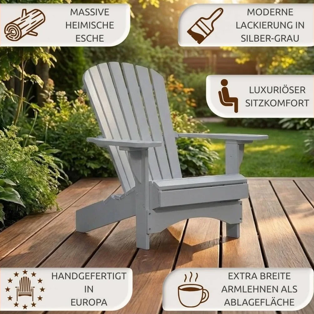 Original Dream-Chairs since 2007 Sedia Adirondack “Comfort” de luxe in grigio sedia da giardino con schienale ergonomico poltrona relax per balcone terrazzo carico massimo 170 kg